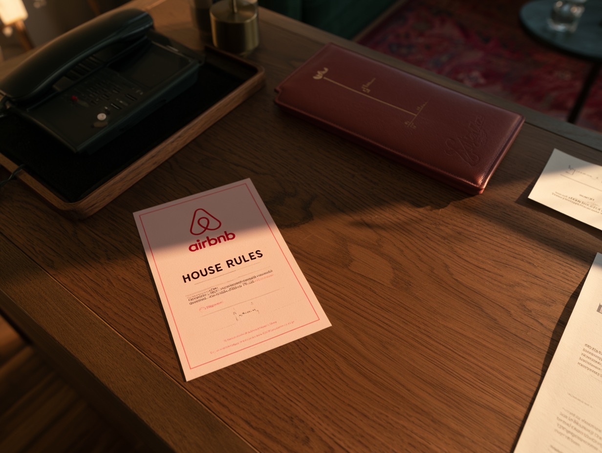 Printed Airbnb house rules card on the counter of a short-term rental