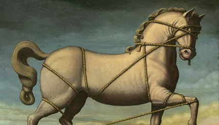 A Burckhardt painting of a roped horse against a dark sky