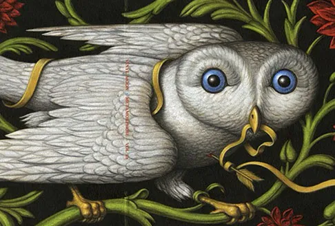 A Burckhardt painting of a white owl among flowering vines