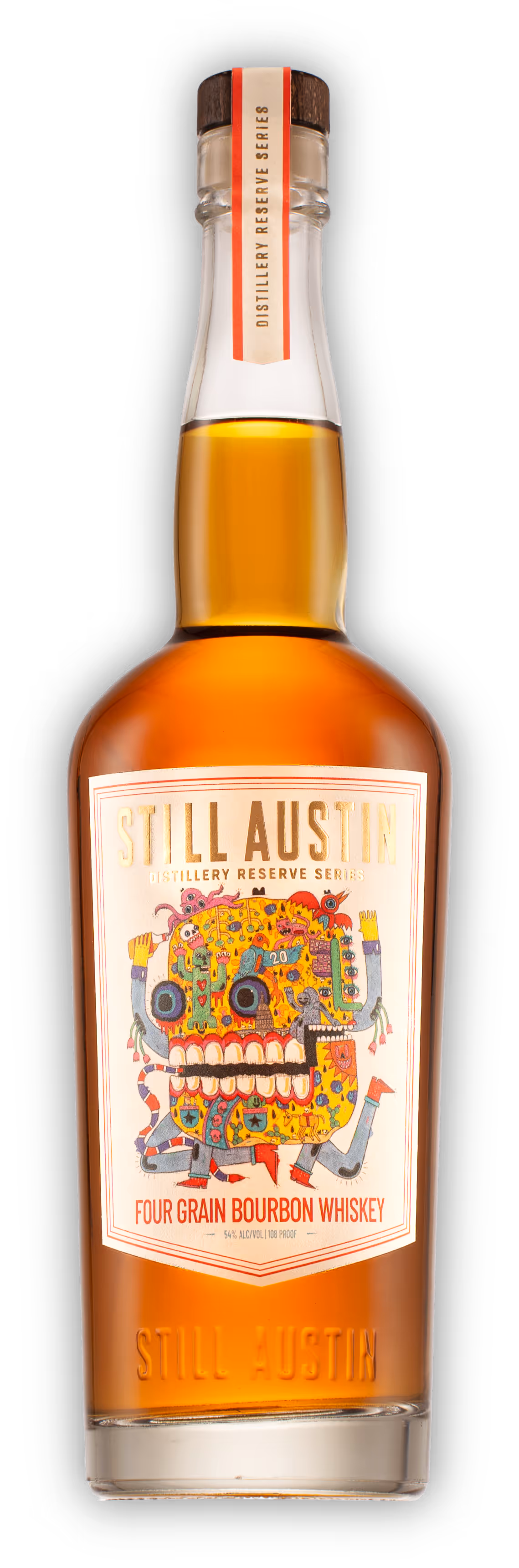 Still Austin Four Grain Bourbon Whiskey bottle with colorful skull artwork on the label and golden amber liquid inside.