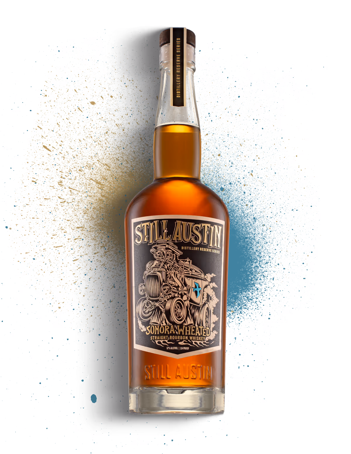 Bottle of Still Austin Sonora Wheated straight bourbon whiskey with an illustrated vintage car label.