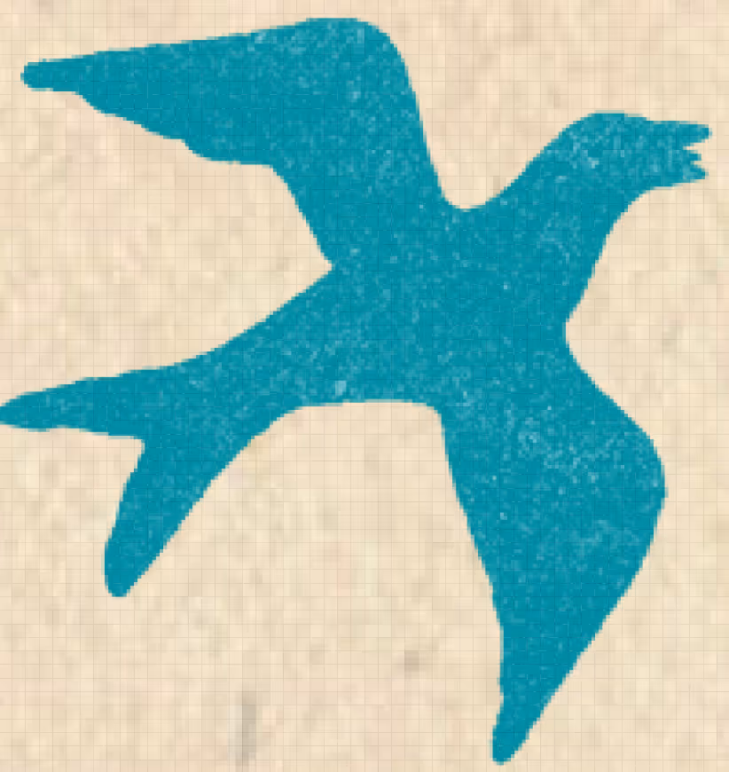 Teal silhouette of a bird in flight against a beige grid background.