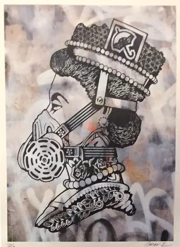 Black and white stylized profile of a woman wearing a crown and an industrial respirator mask.