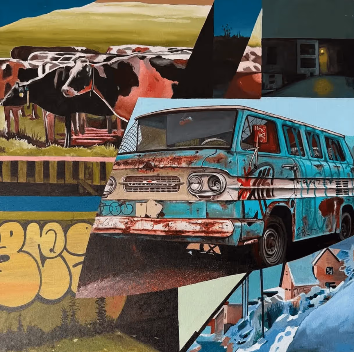 Collage with cows, graffiti, a rusty blue van, a dimly lit house, and snowy houses on a hill.