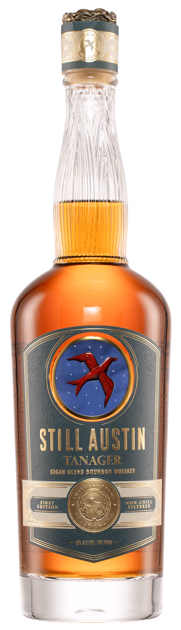 A bottle of still austin Tanager Whiskey
