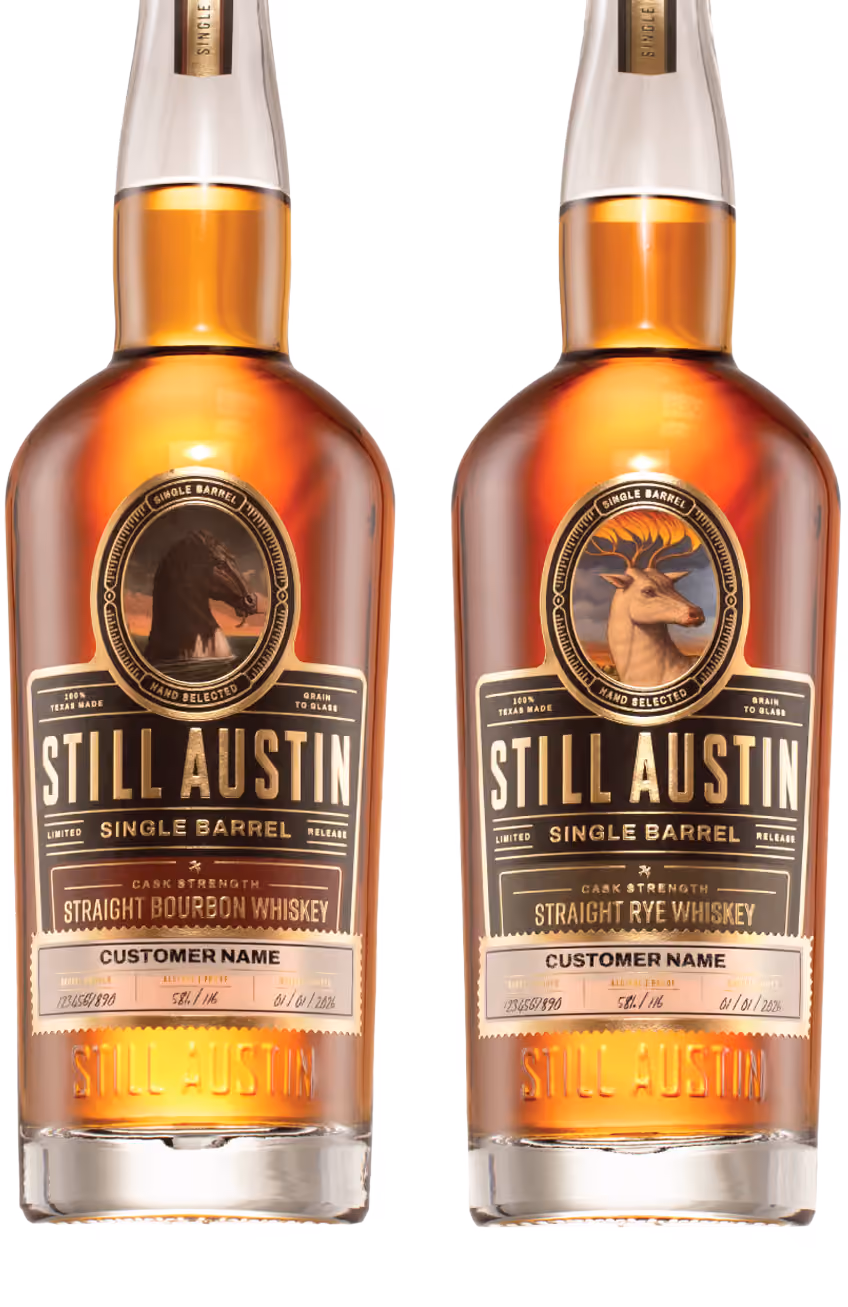 A bottle of Still Austin Whiskey Co.’s Single Barrel Cask Strength Bourbon Whiskey. 