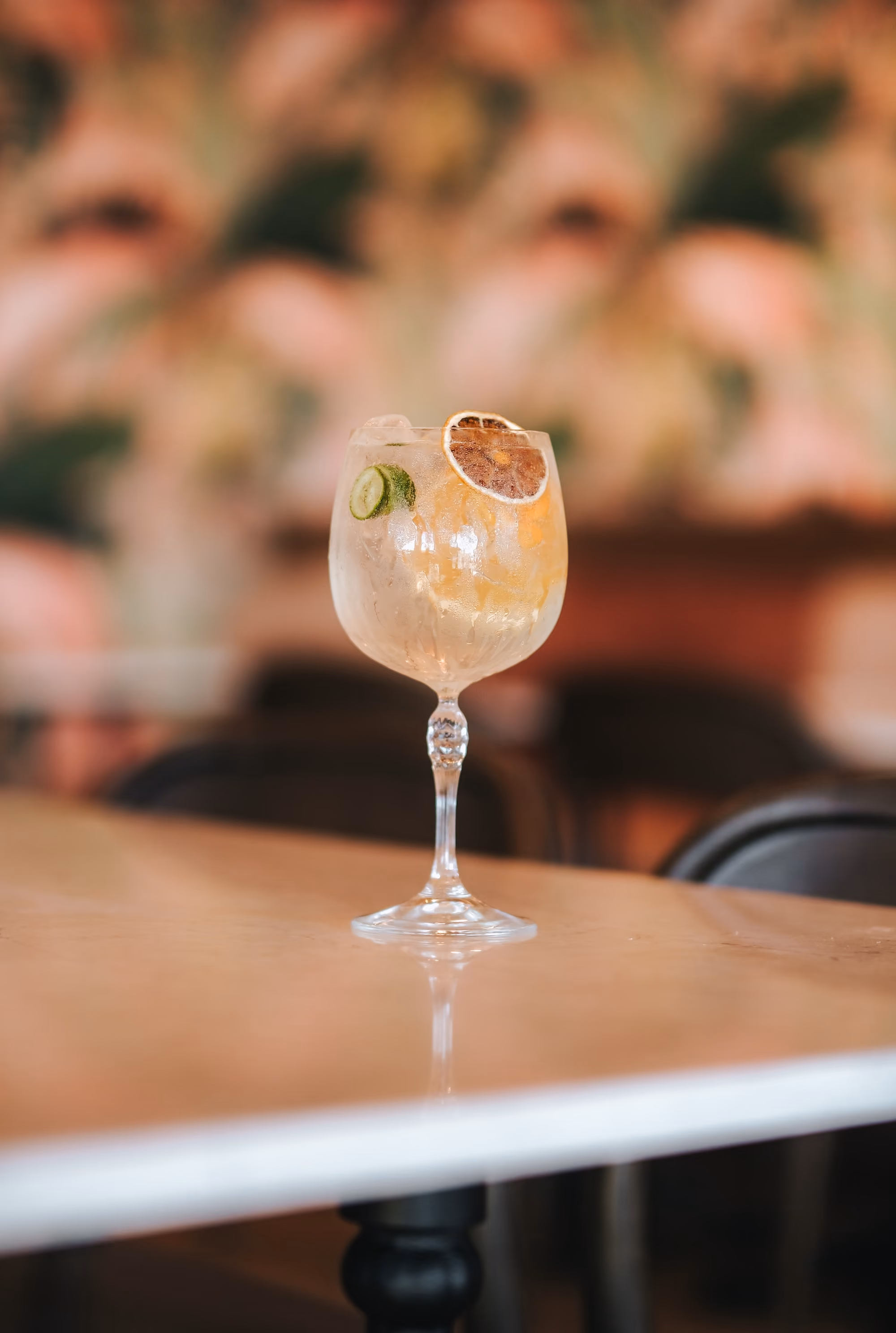 Gin and Tonic in a stemmed glass with citrus