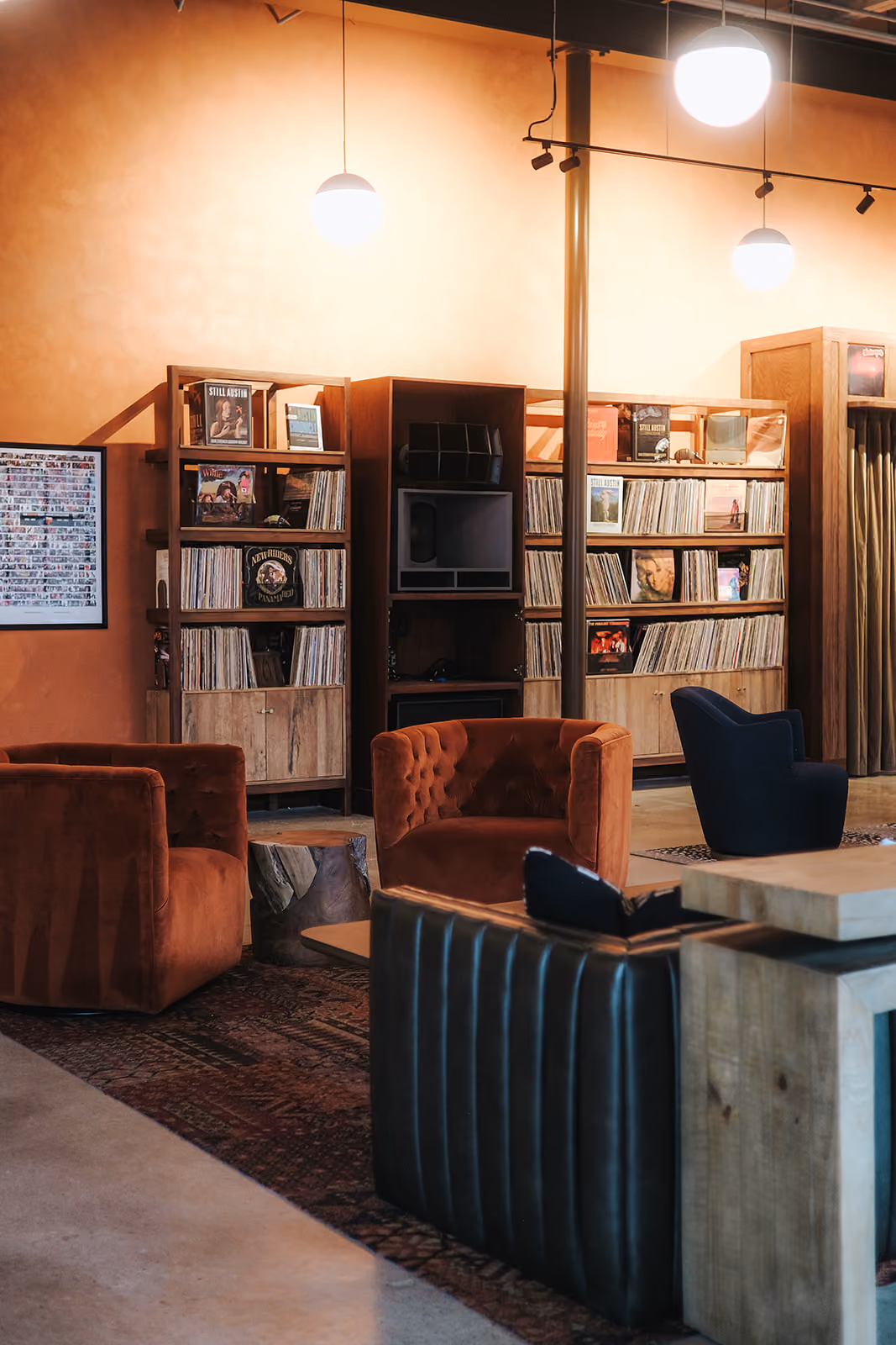 Shelves of vinyl records in the Vinyl Lounge