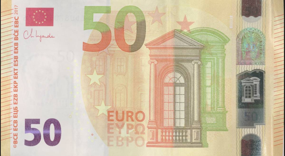 50-Euro-Banknote als Falschfarbenbild