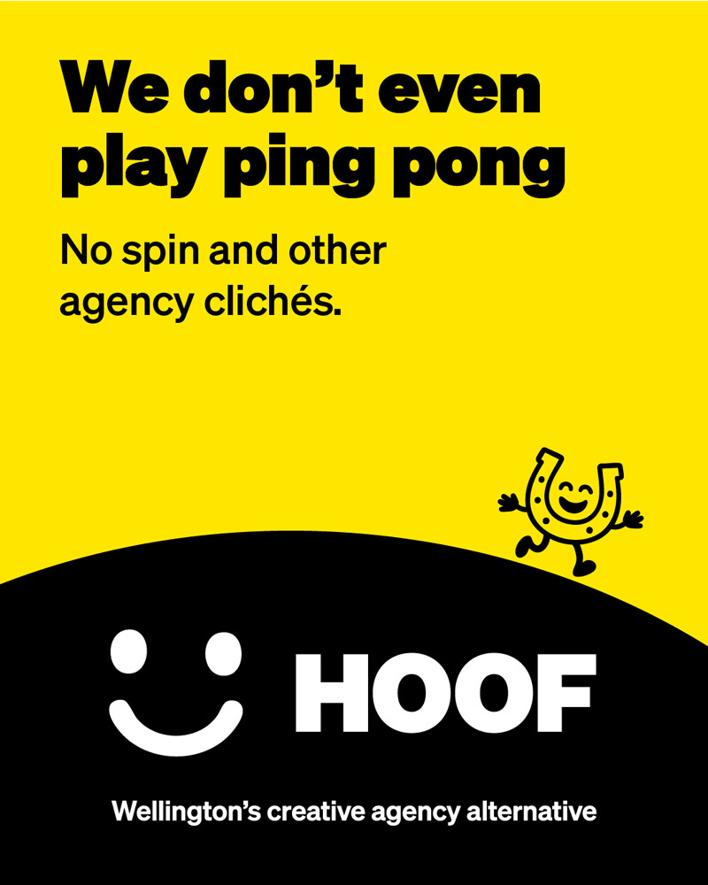 An ad for HOOF with the headline, We don’t even play ping pong