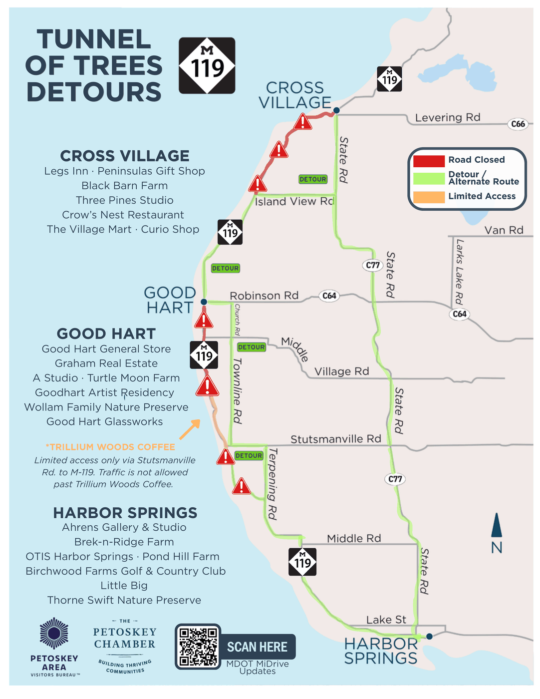 Map of M-119 Tunnel of Trees closures and detours as of September 2026. The segment from Terpening Road to West Stutsmanville Road is shown open in green following its September 3 reopening. M-119 remains closed to through traffic near Devil's Elbow and around Division Road between Good Hart and Cross Village, with detours via Stutsmanville, Townline, Island View and State Roads.