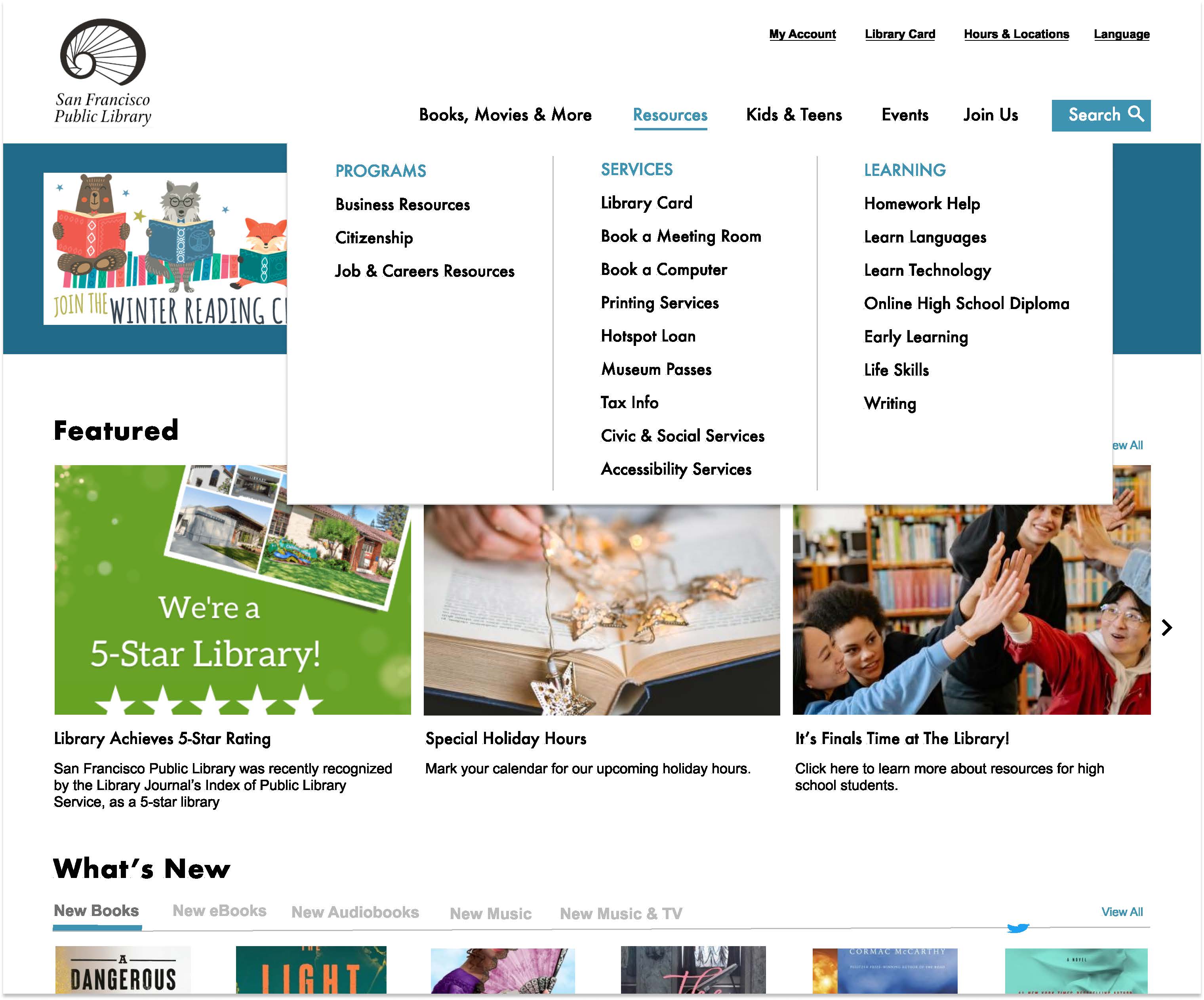 SFPL improved top navigation design showing hybrid approach with clear labels and sub-navigation structure