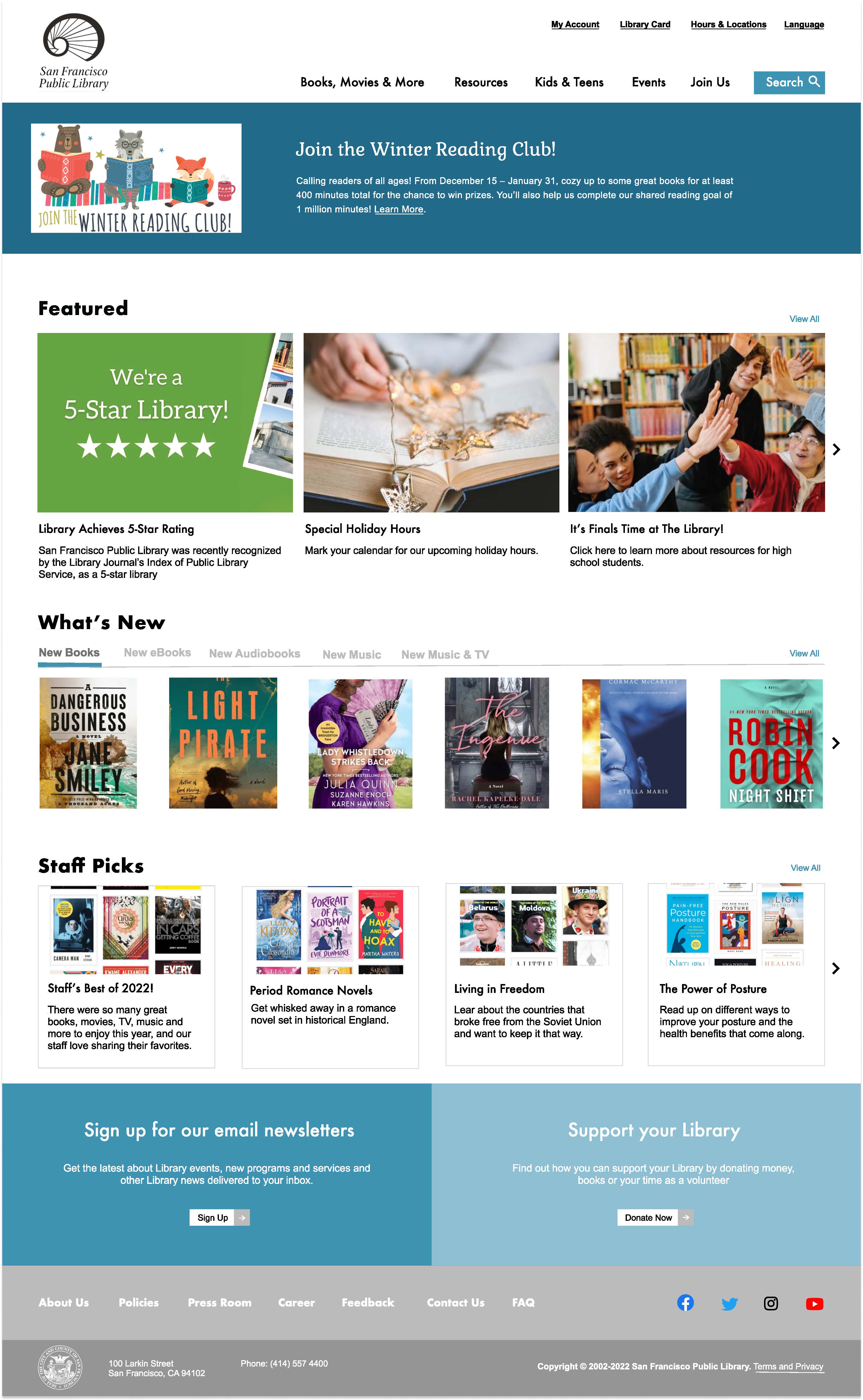 SFPL homepage high-fidelity wireframe showing improved navigation hierarchy and content organization based on the new information architecture
