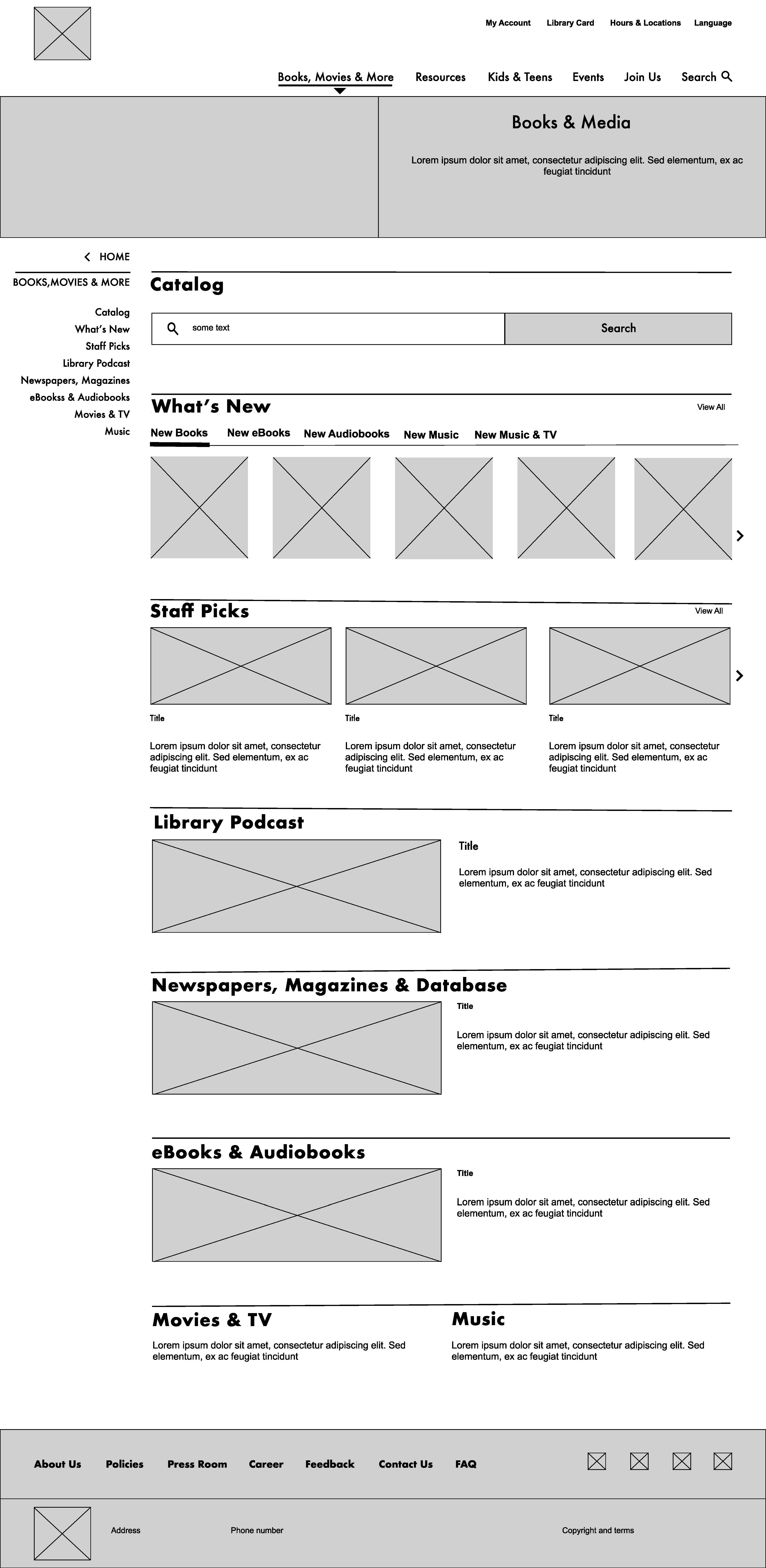 Low fidelity wireframe of Books, Movies and More page showing local navigation and content organization