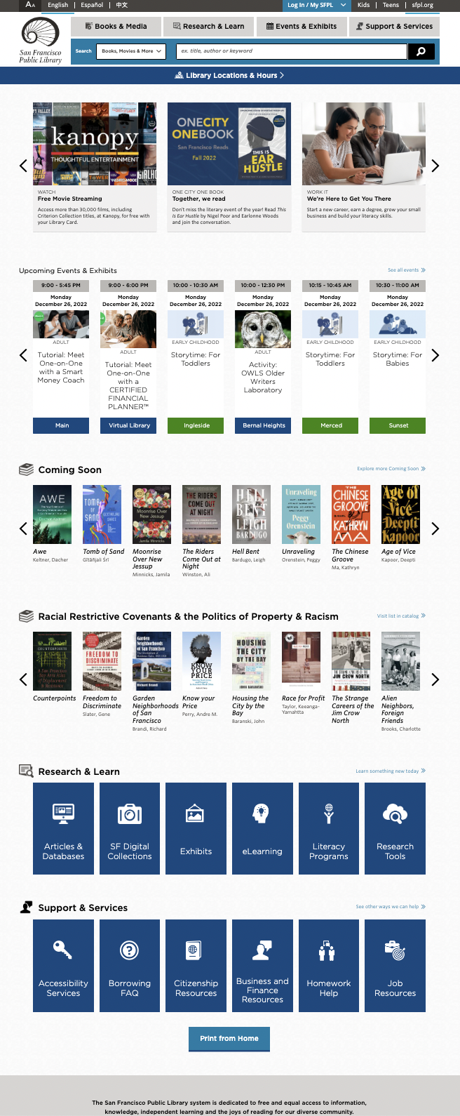 Original SFPL homepage showing the existing information architecture before redesign