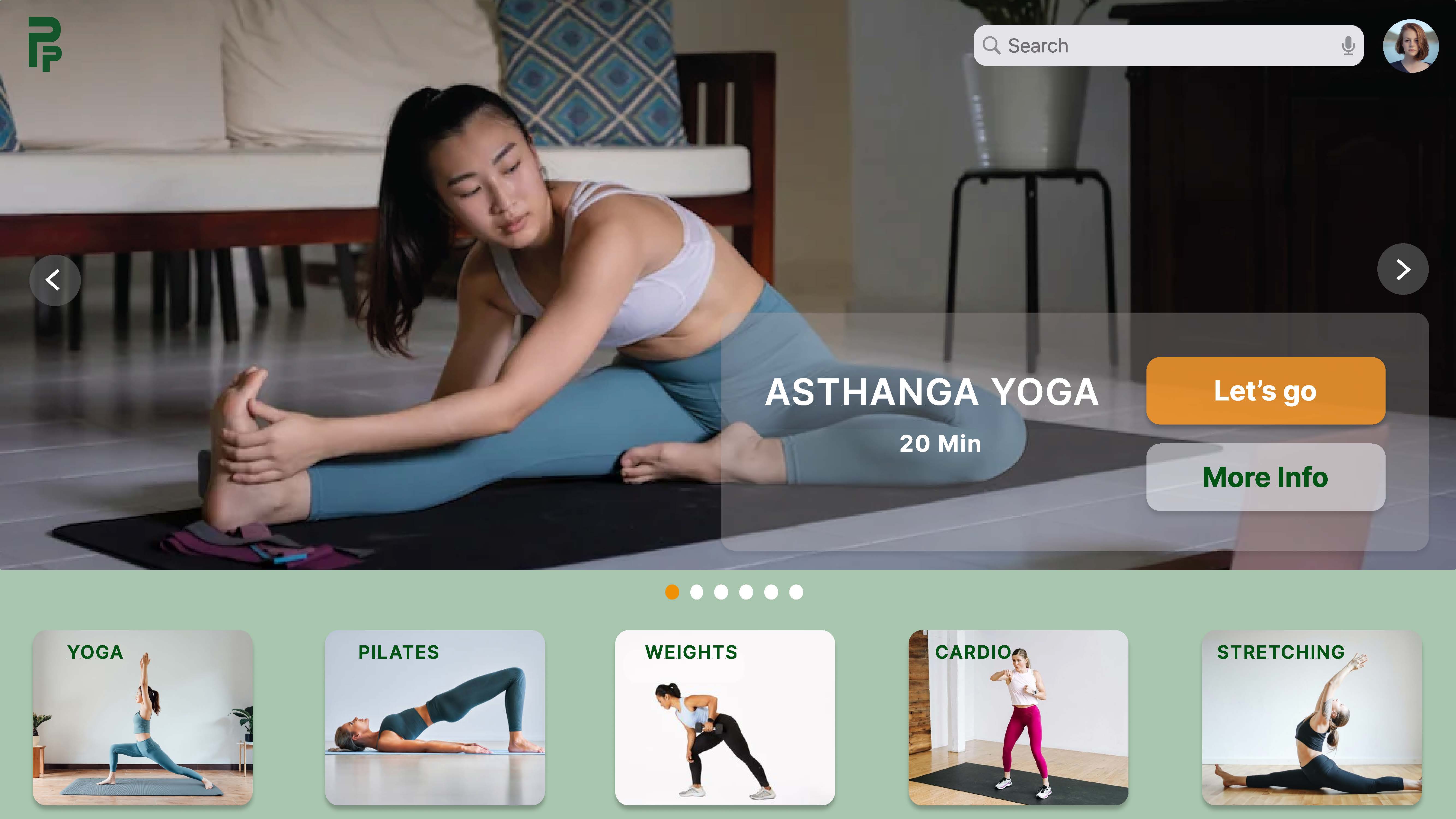 Posture Perfect TV app home screen — high fidelity final design showing workout selection interface