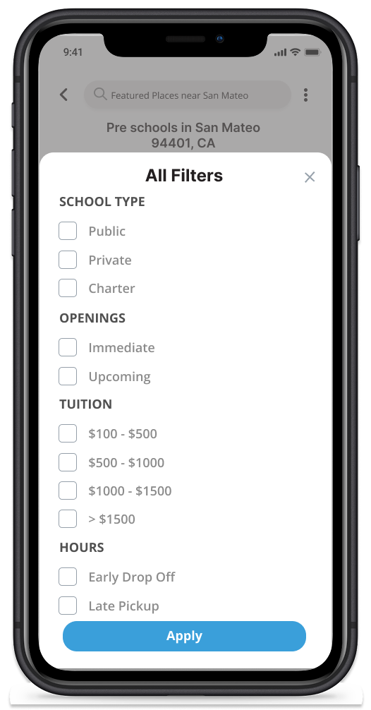 WaitNoMo search filter panel showing options for location, budget range, hours, school type, and ratings