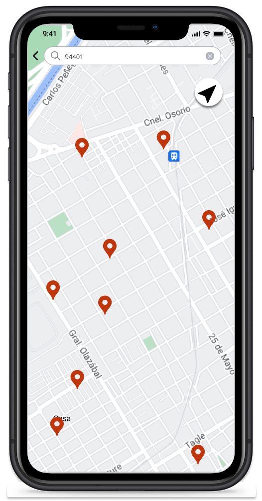 WaitNoMo map view showing preschool locations relative to user's home with distance indicators