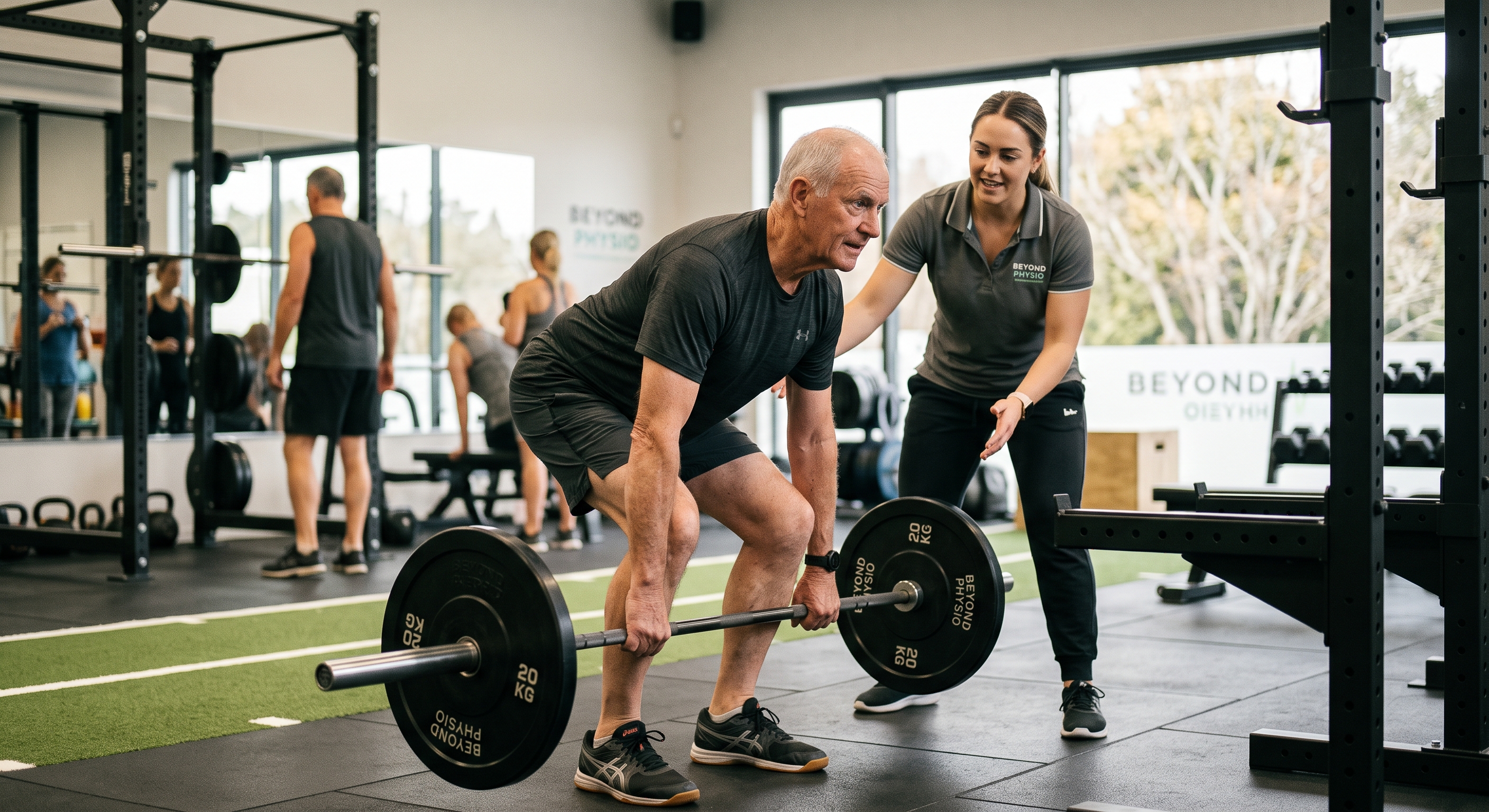 man doing deadlift with physio coaching