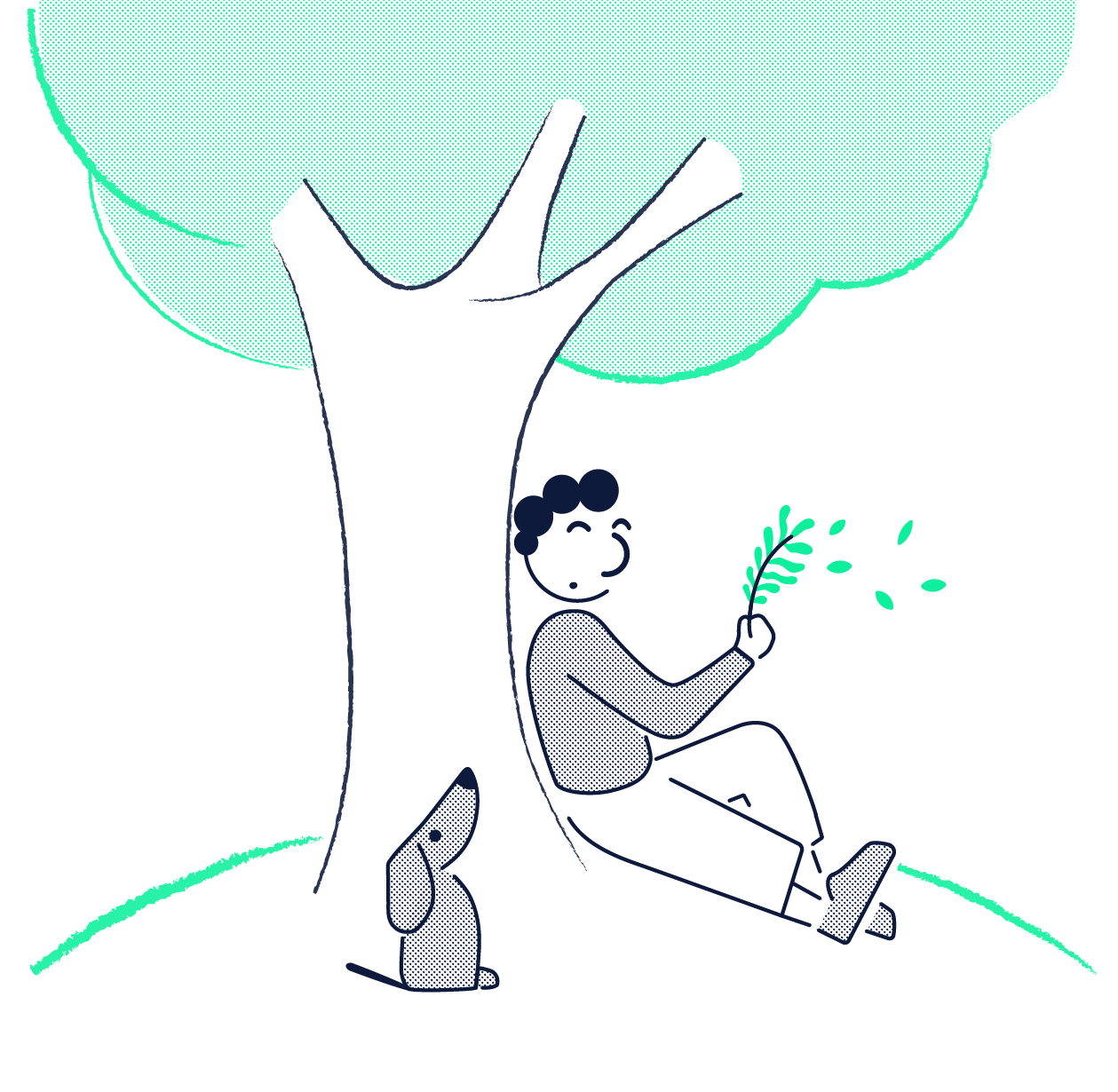 A guy blowing on a plant with a cute dog watching