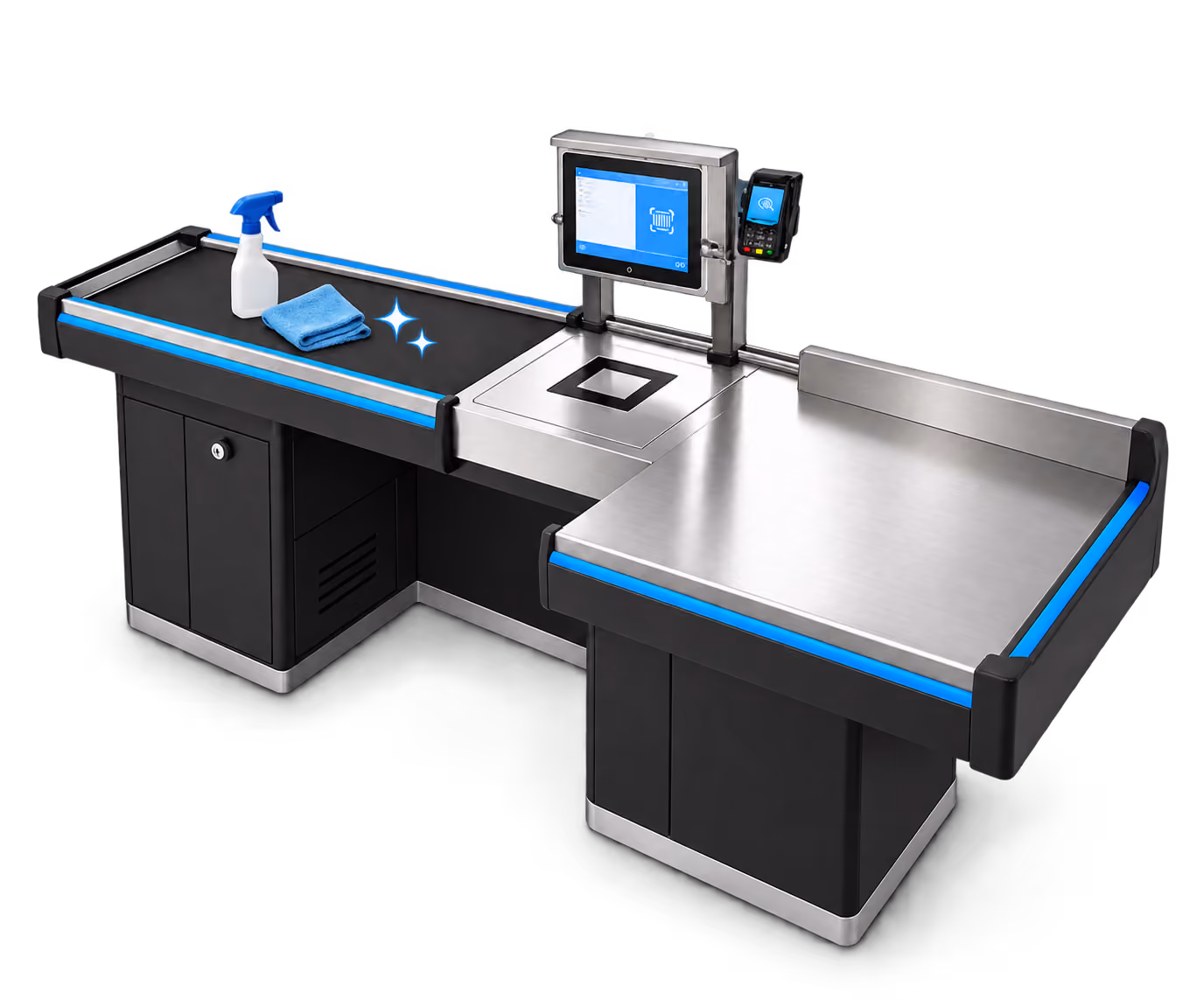 Moderne Kassentheke mit Touchscreen, Scanner und Geldladebereich, gereinigt mit einem Sprayfläschchen und Mikrofasertuch auf dem schwarzen Förderband.