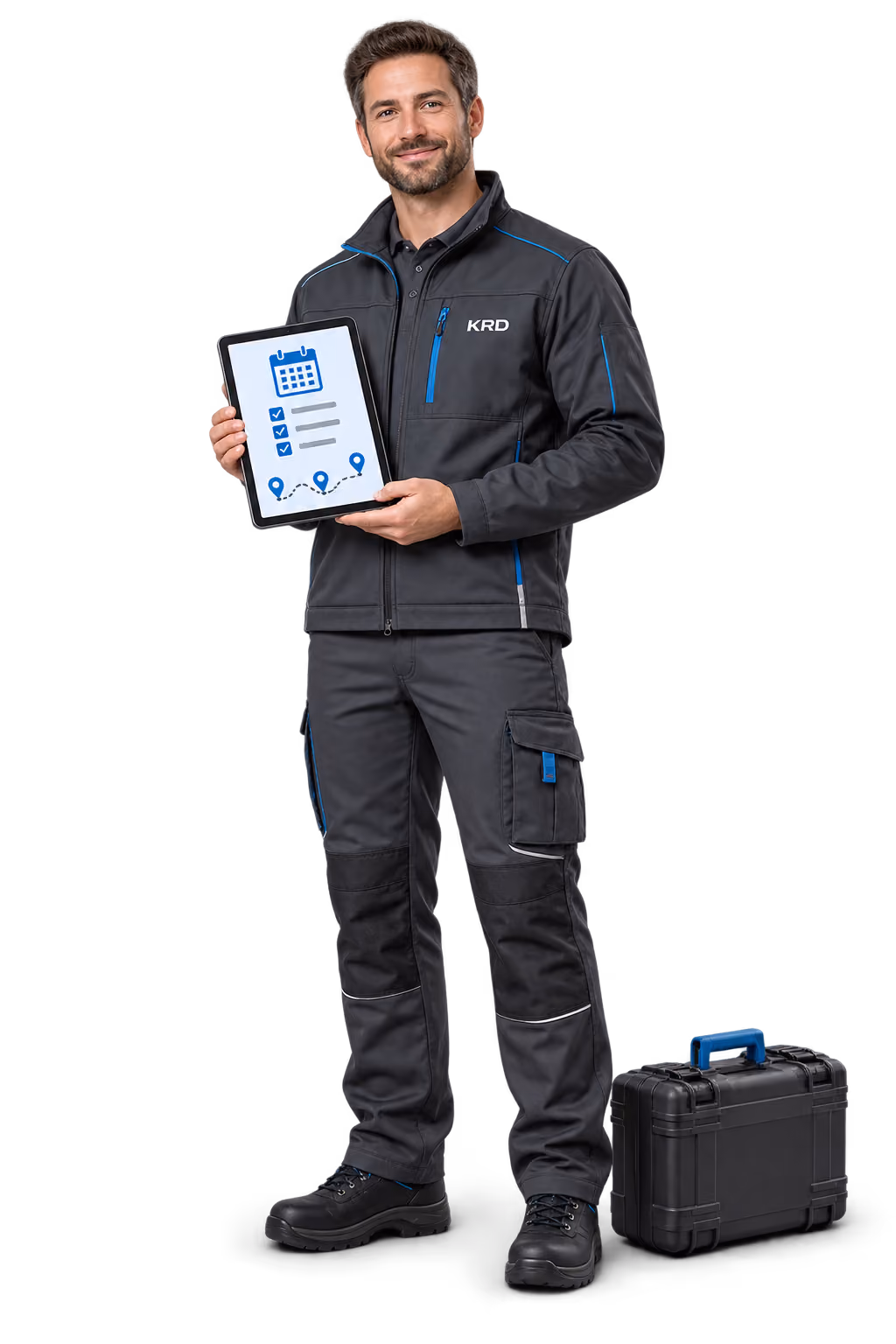 Ein Mann in dunkler Arbeitskleidung mit dem KRD-Logo hält ein Tablet mit einem Kalender- und Checklisten-Symbol und steht neben einem schwarzen Werkzeugkasten.