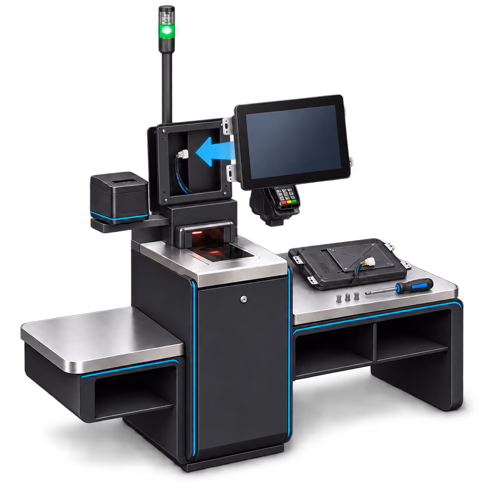 Moderner Self-Checkout mit einem Touchscreen, integriertem Barcode-Scanner und Ablagen aus Edelstahl.