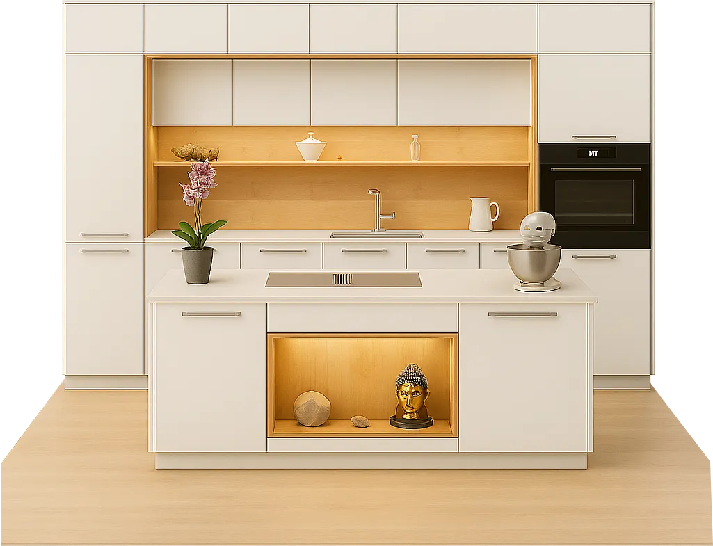 Moderne greige Einbauküche mit Holzarbeitsplatte und Kochinsel – 3D Rendering für Küchenplanung bei Thoki