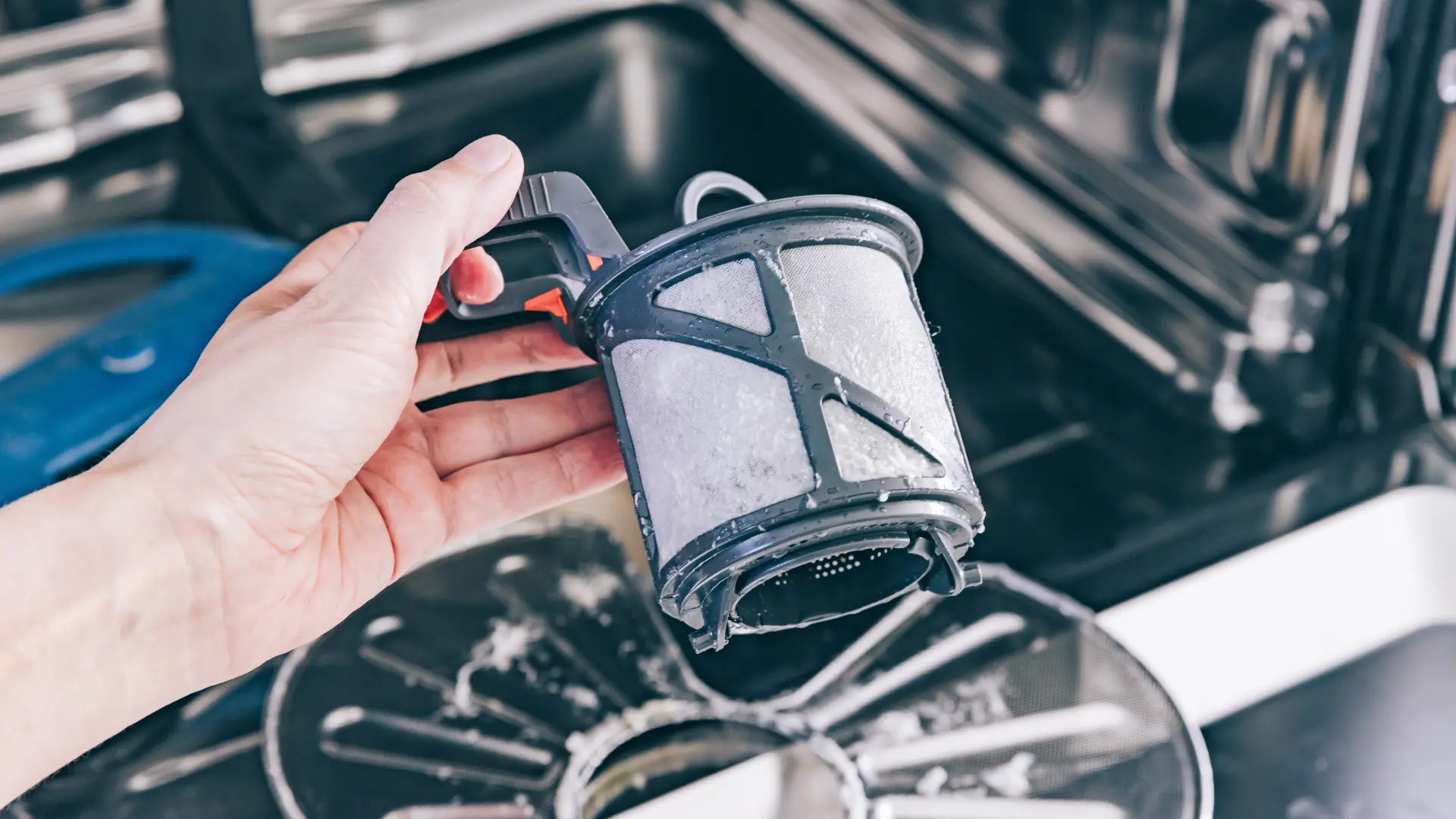 Hand hält das ausgebaute, verschmutzte Sieb des Geschirrspülers über den leeren Siebbereich