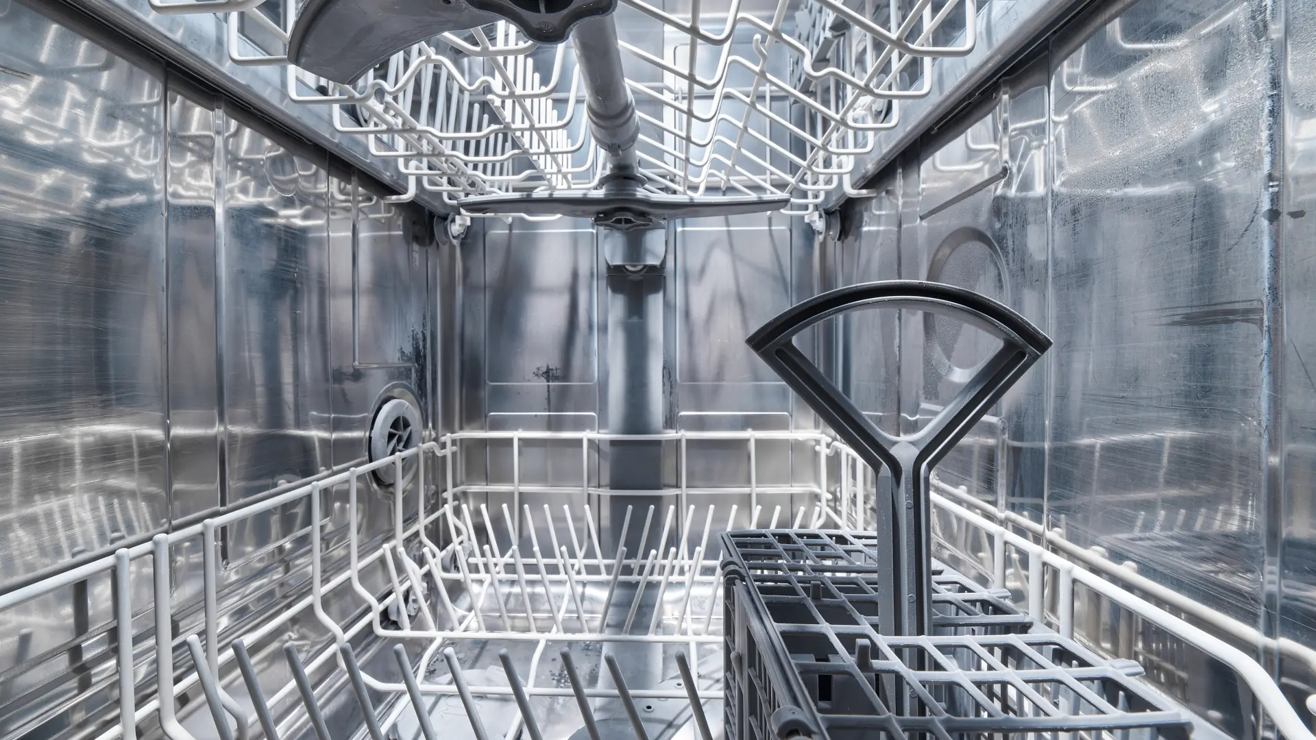 Nahaufnahme des sauberen, glänzenden Innenraums eines Geschirrspülers mit Geschirrkörben.