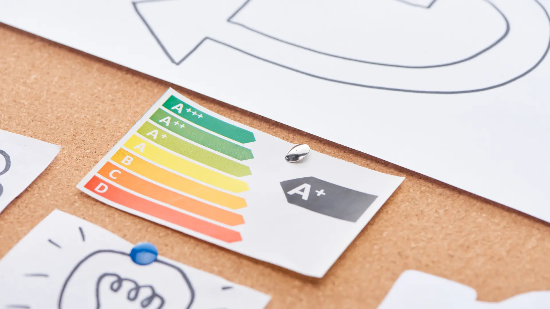 Nahaufnahme eines Energieeffizienz-Etiketts der Klasse A+++ und A+ auf einer Pinnwand.