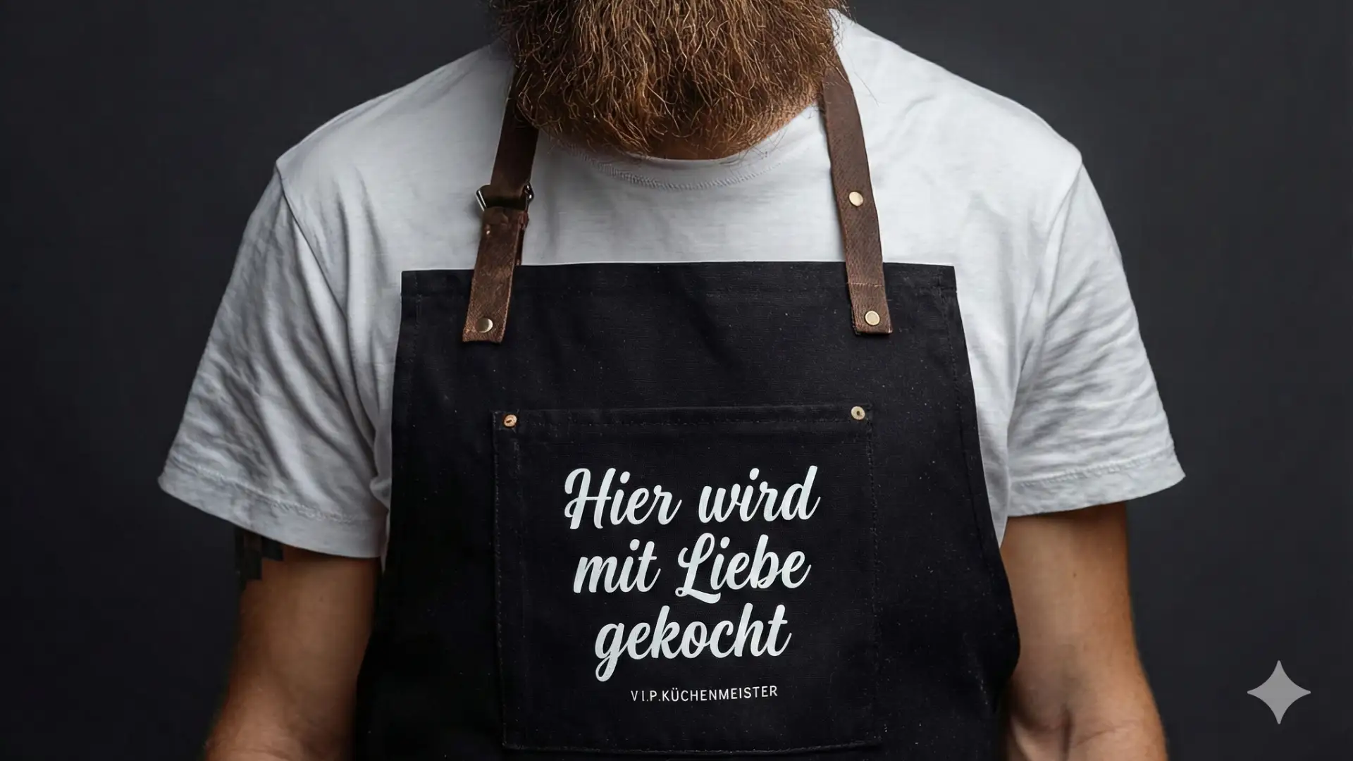 Mann mit Bart trägt Schürze mit Aufschrift Hier wird mit Liebe gekocht