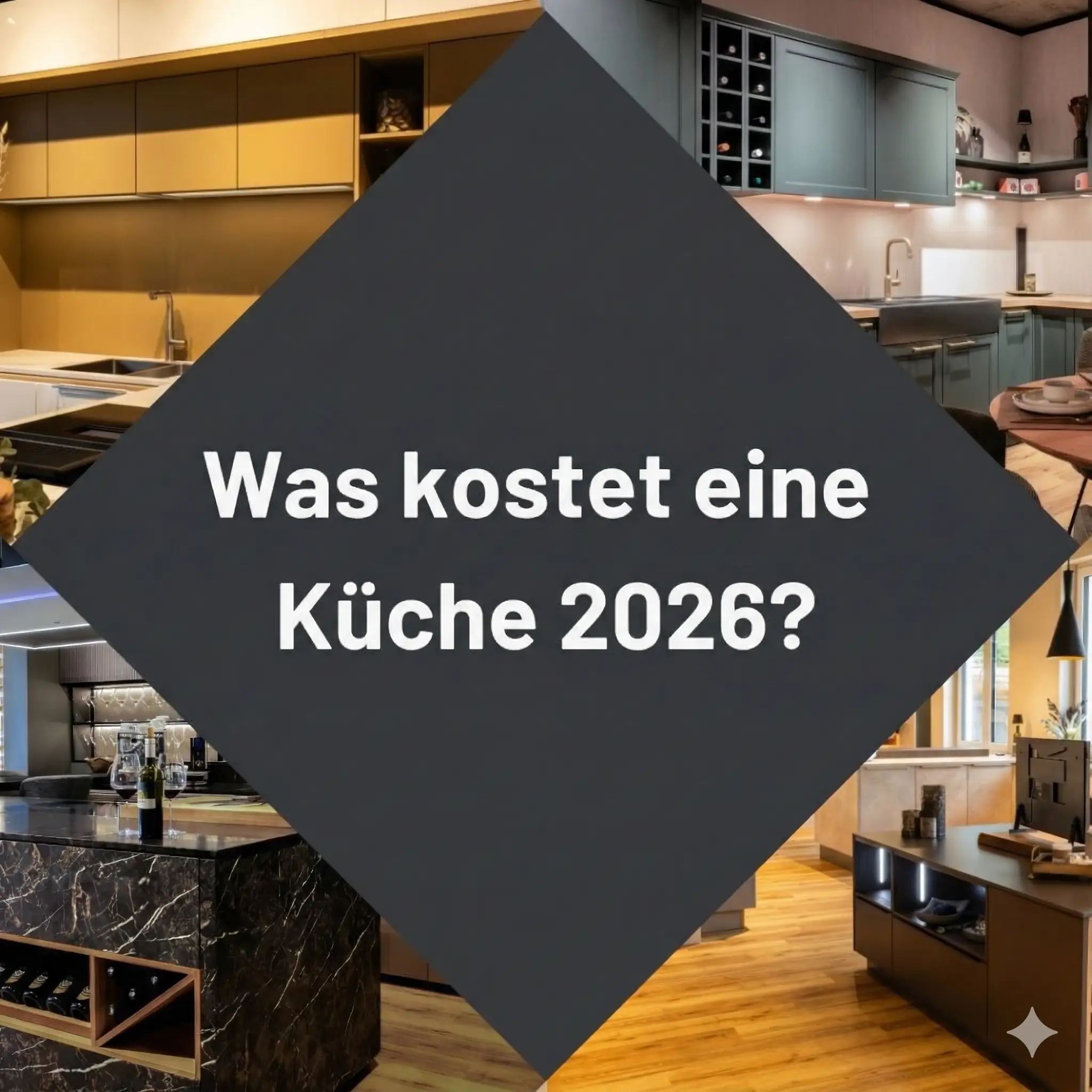 Was kostet eine Küche 2026?" – Verschiedene Küchenstile wie moderne, grifflose, und Landhausküchen sind auf dem Bild zu sehen. Entdecke in unserem Artikel die aktuellen Einbauküchen-Preise, von Budgetküchen bis hin zu Luxusküchen. Erfahre, welche Faktoren wie Küchenfronten, Arbeitsplatten und Küchengeräte die Kosten beeinflussen und wie du die besten Angebote findest, ohne auf falsche Rabatte hereinzufallen.