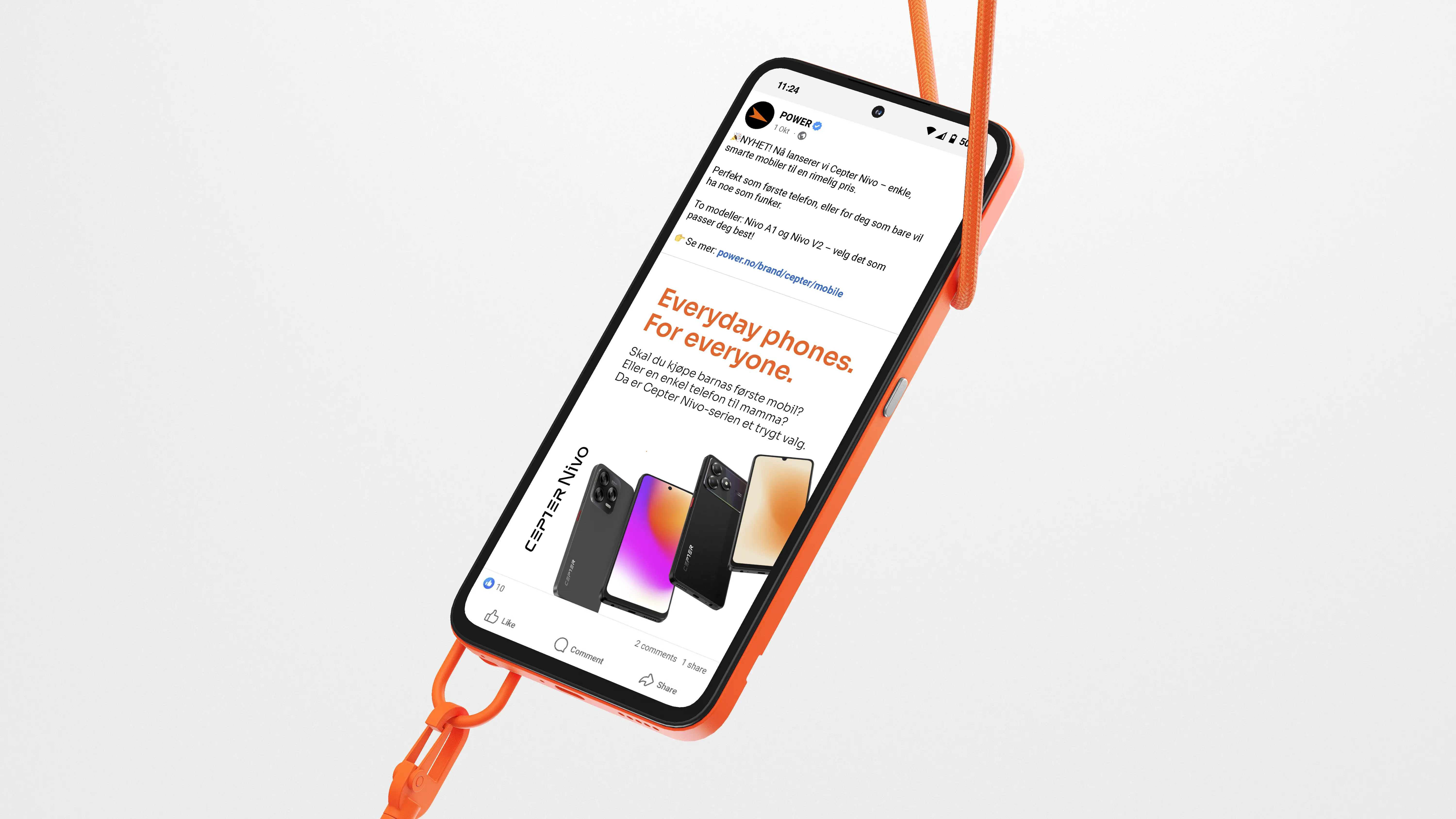 A phone displaying a Facebook post from Power launching the new Cepter Nivo phones