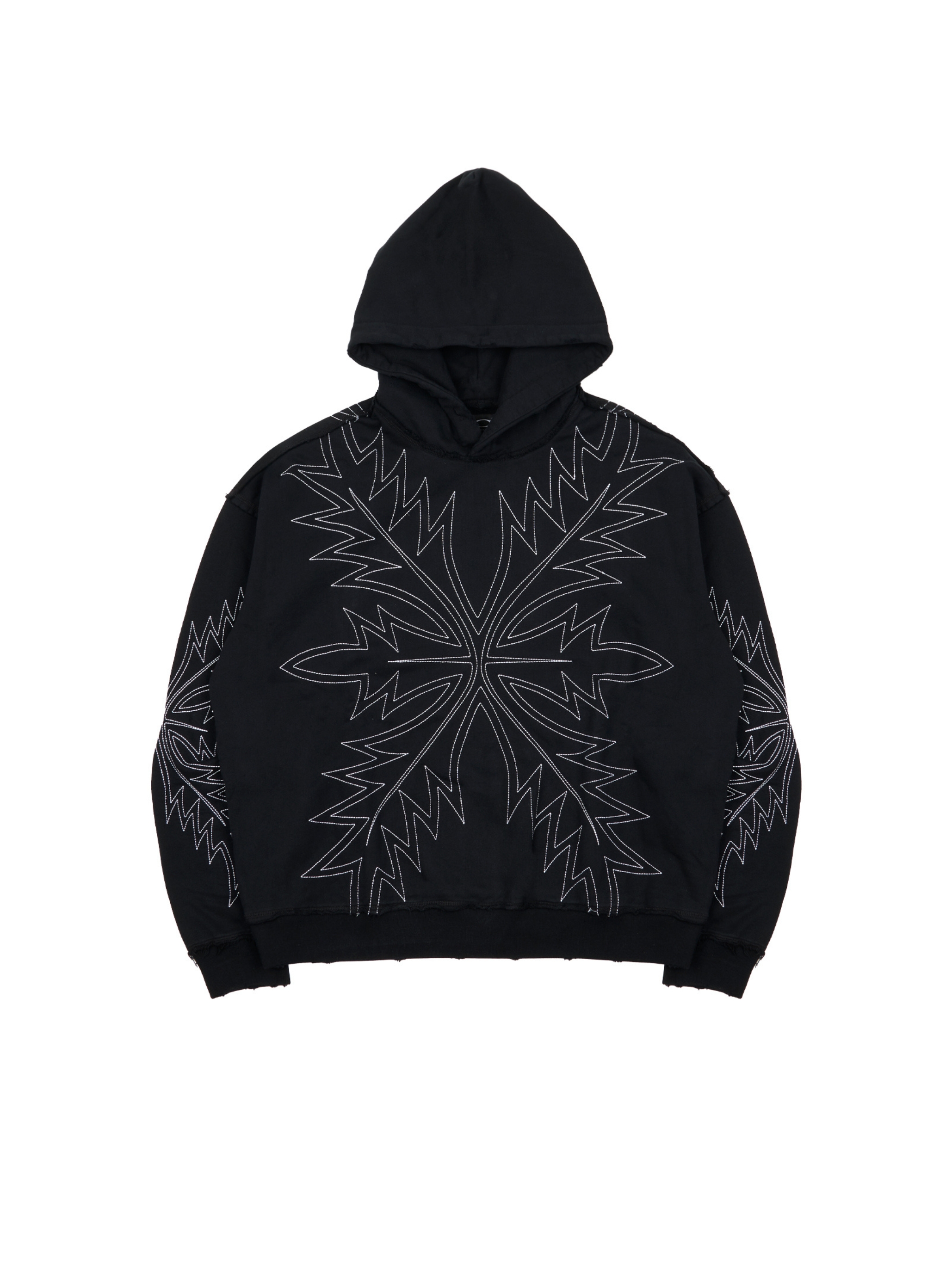 Black streetwear hoodie with embroidered western boot stitch pattern and relaxed fit