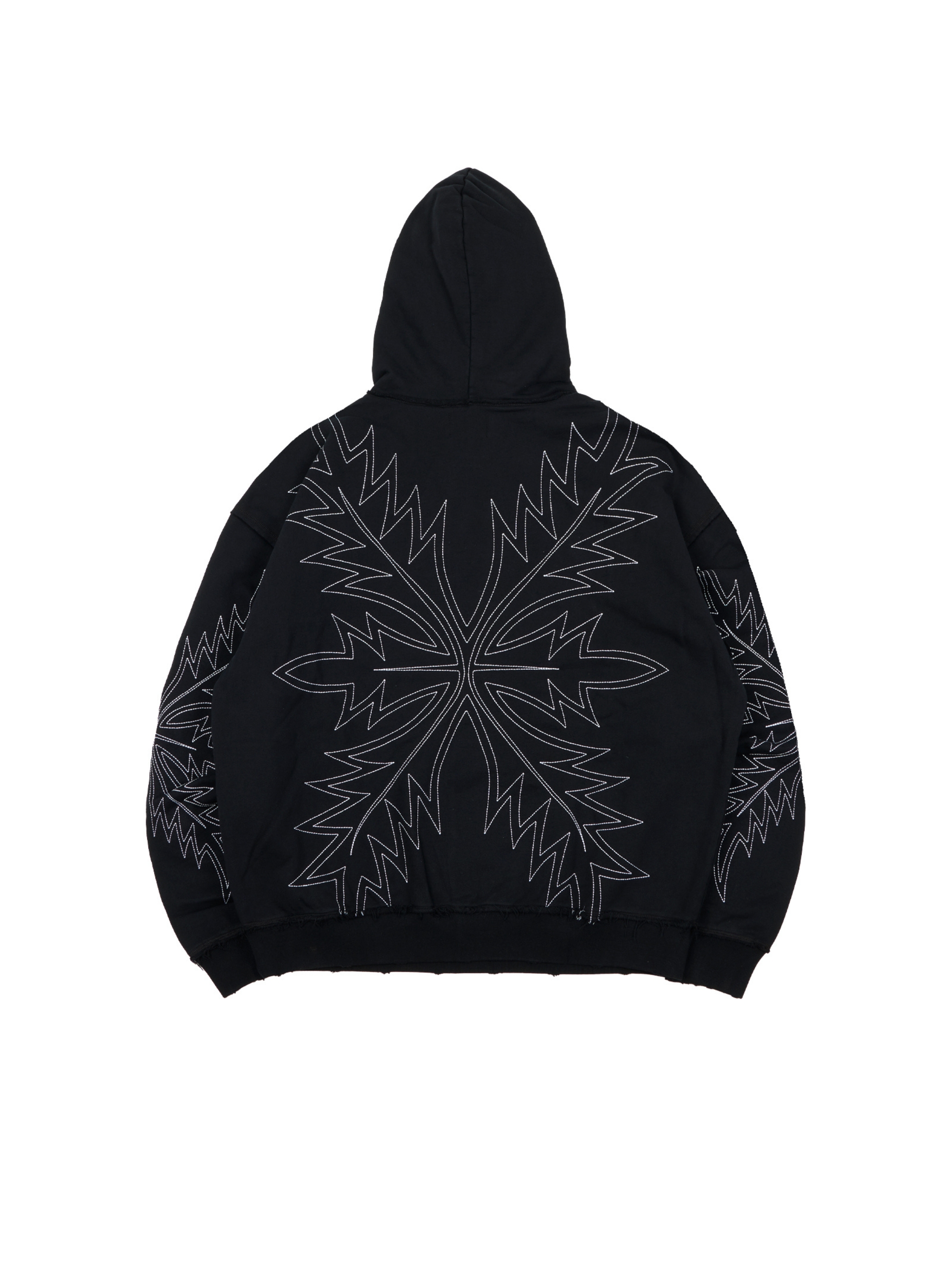 Black streetwear hoodie with embroidered western boot stitch pattern and relaxed fit