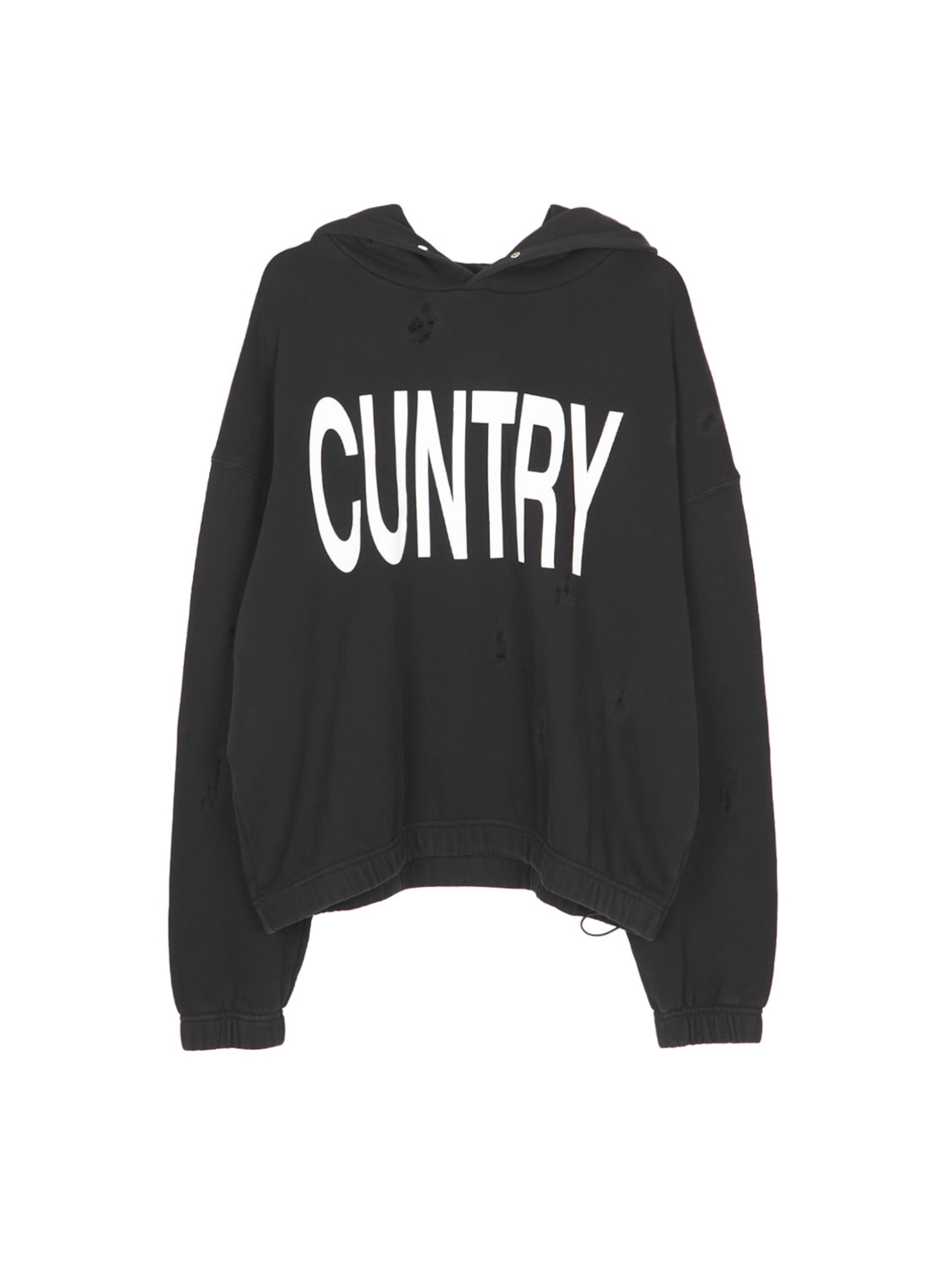 Black streetwear hoodie with worn‑effect detailing and CUNTRY graphic print