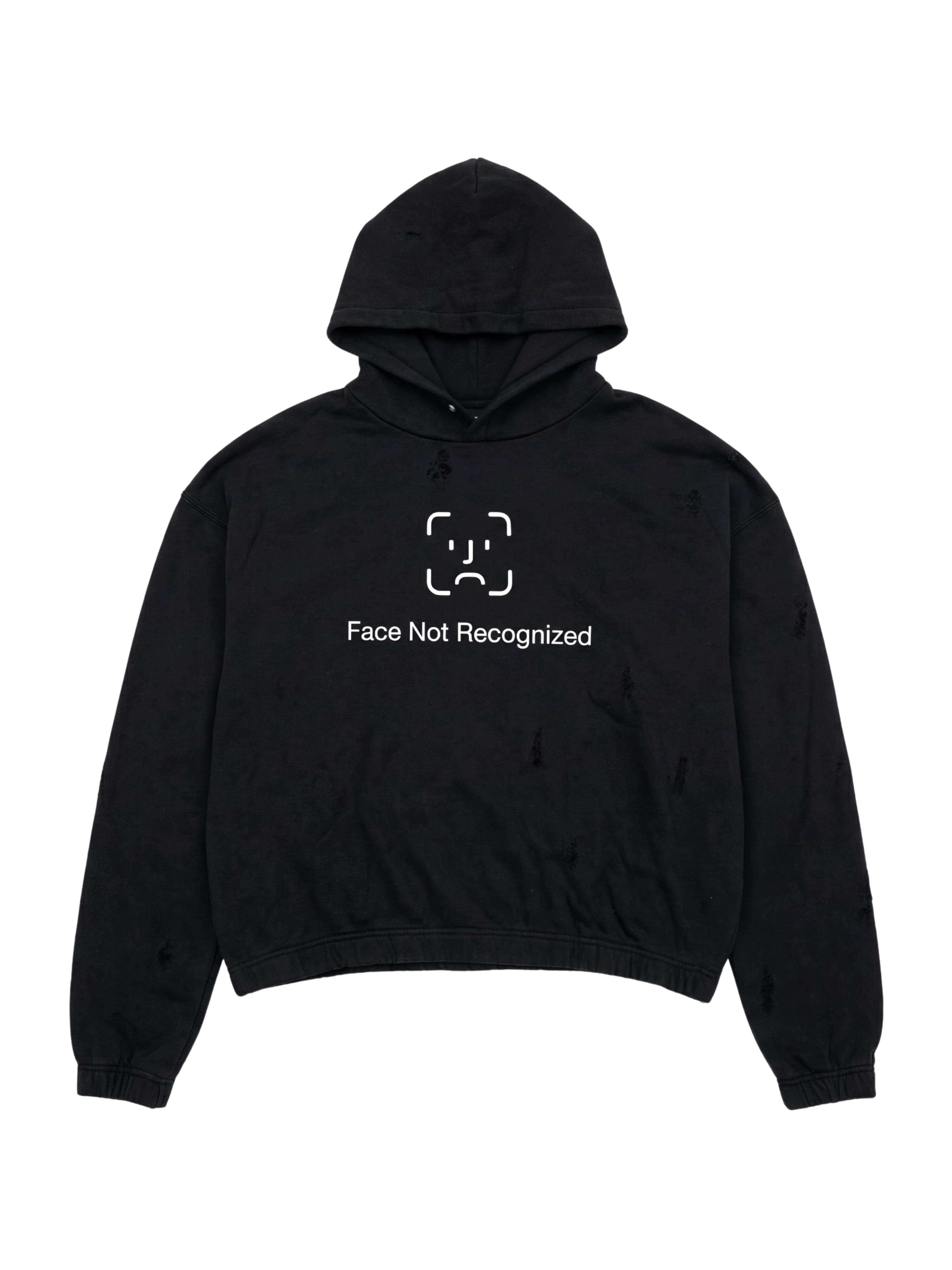 Relaxed fit black streetwear hoodie with "face not recognized" graphic print