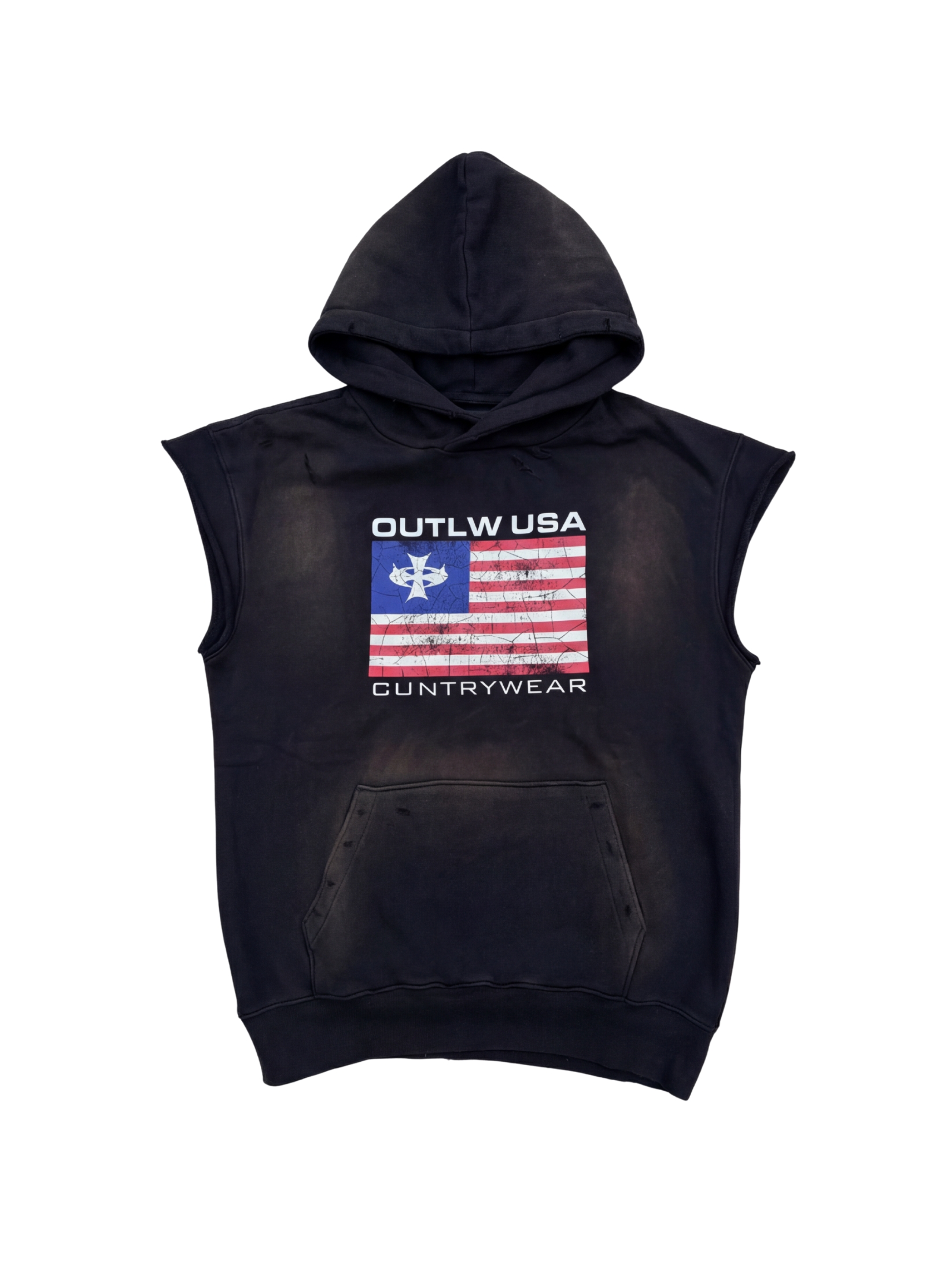 Sleeveless vintage streetwear hoodie with spray‑effect, hand distressing and Outlaw US flag print