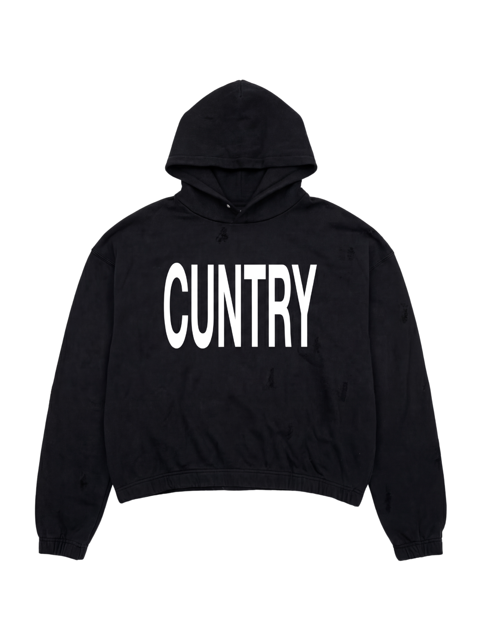 Black streetwear hoodie with worn‑effect detailing and CUNTRY graphic print