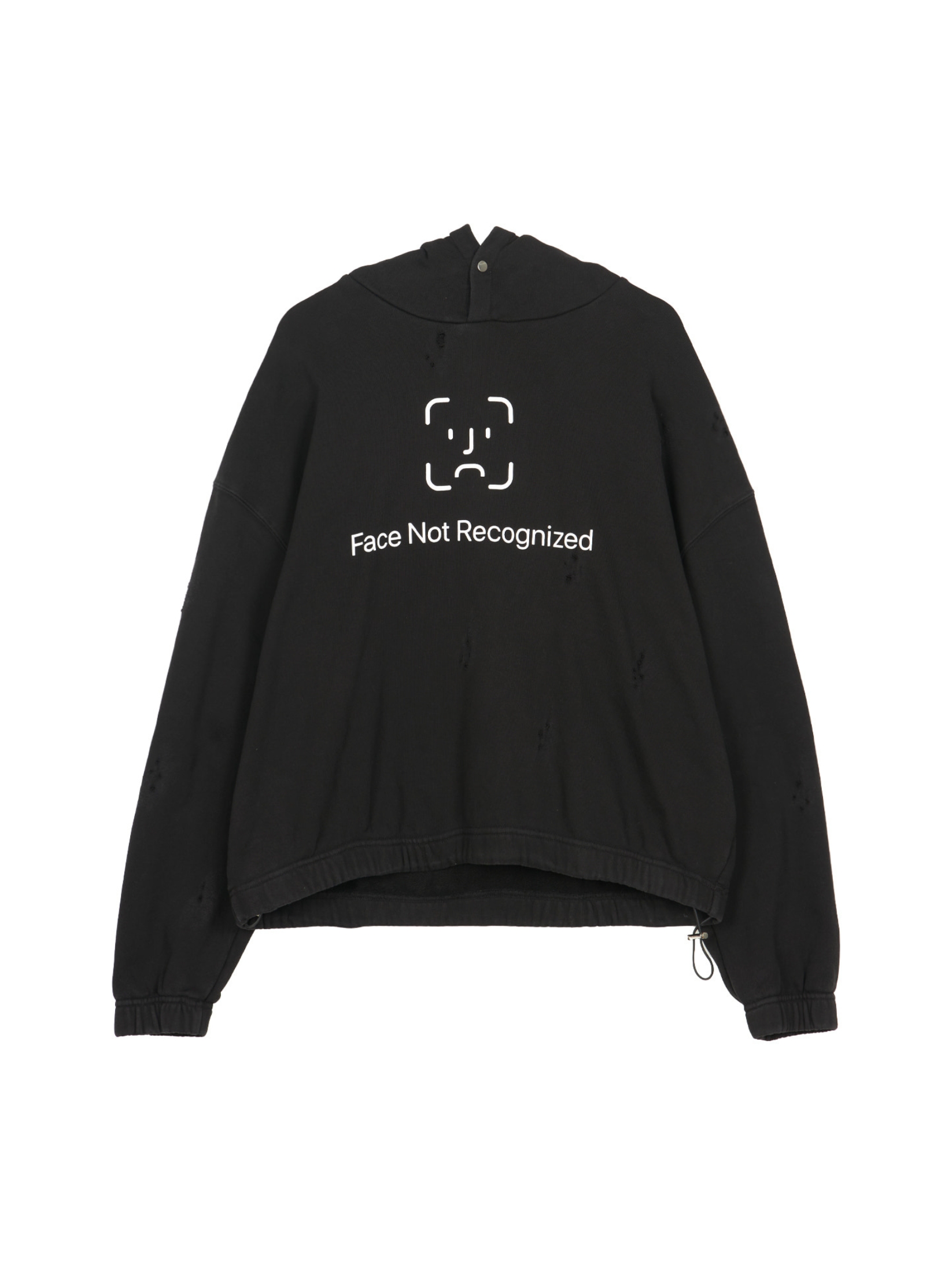 Relaxed fit black streetwear hoodie with "face not recognized" graphic print