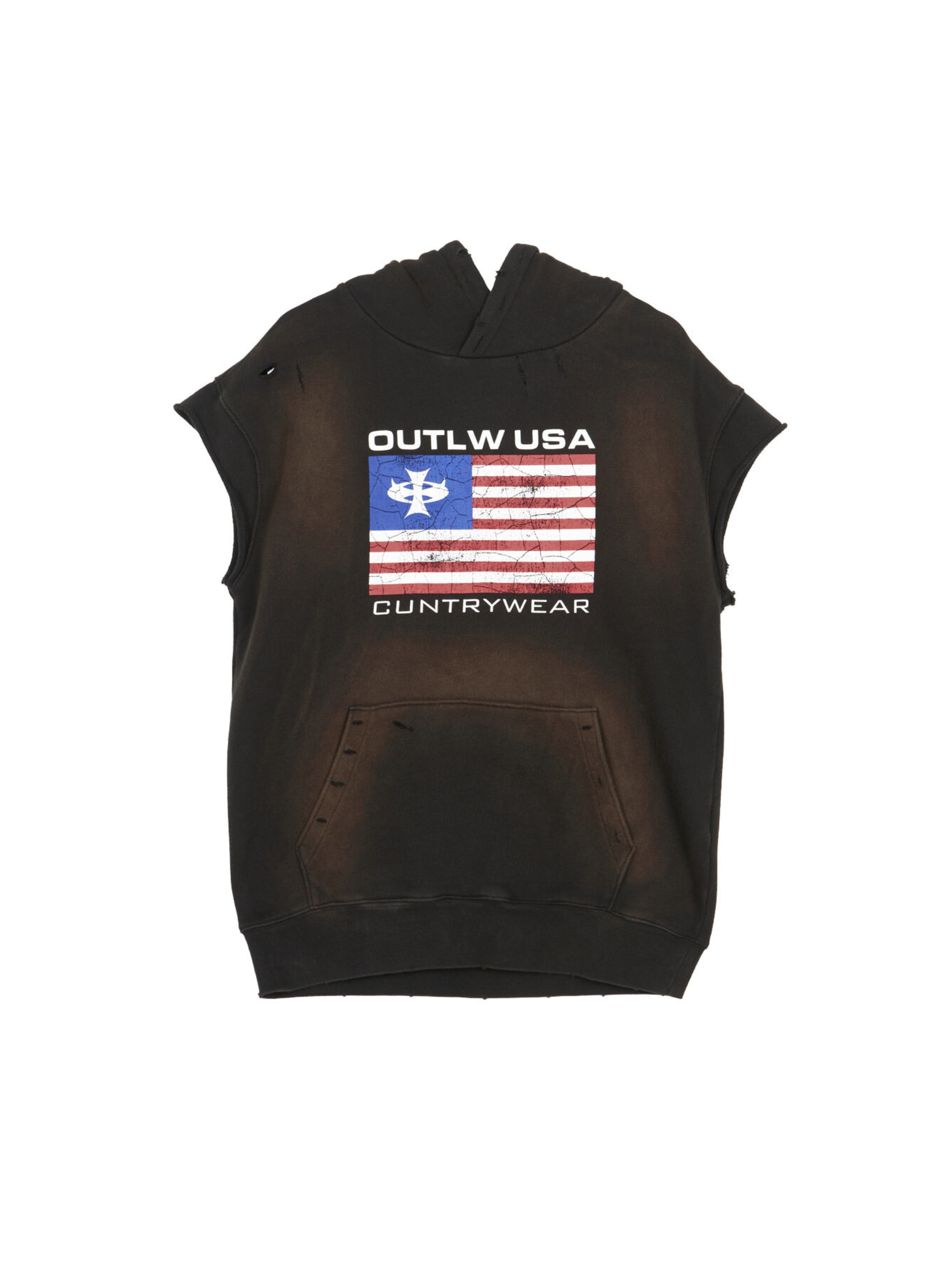 Sleeveless vintage streetwear hoodie with spray‑effect, hand distressing and Outlaw US flag print