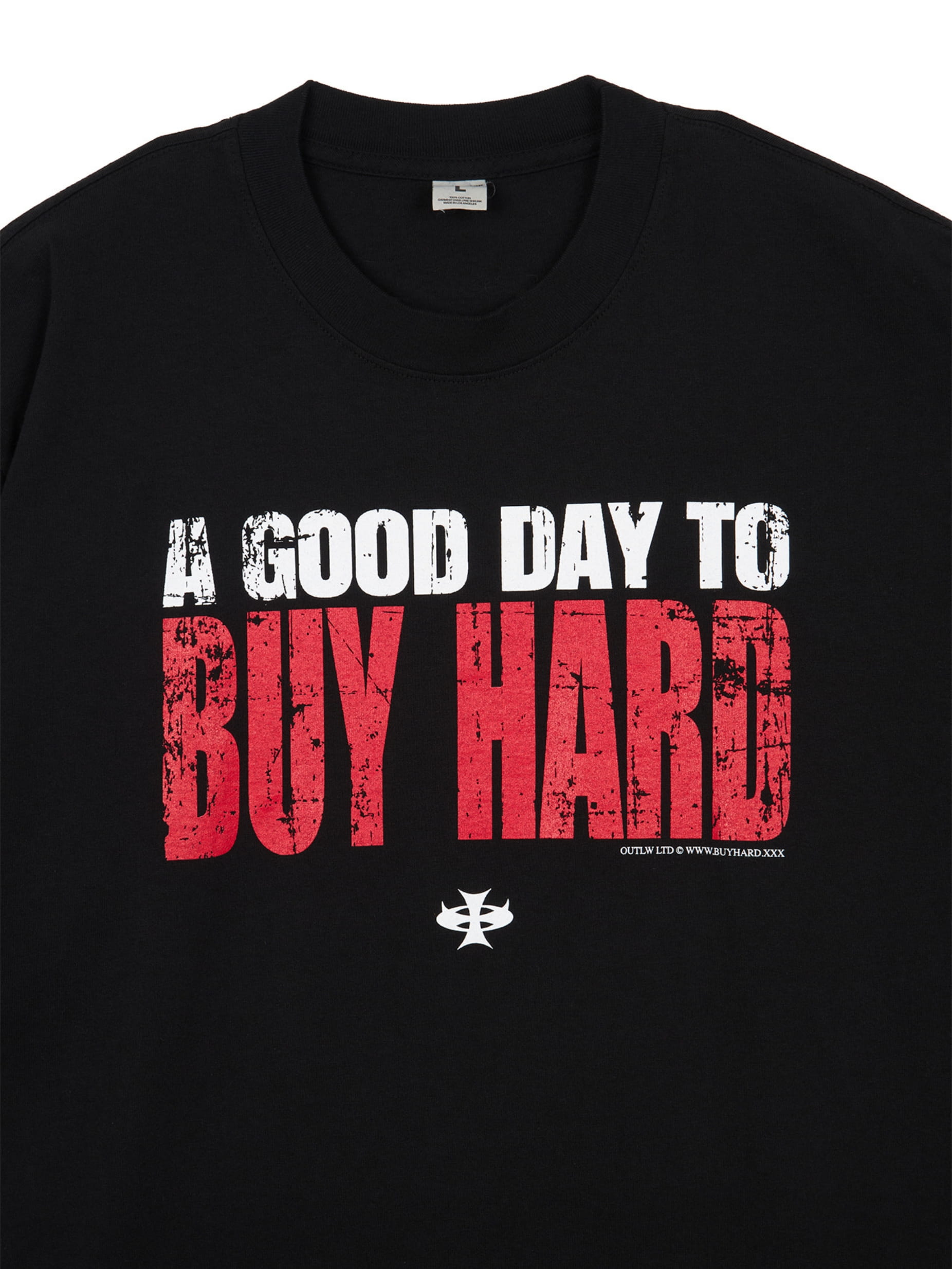 OUTLW USA Black streetwear tee with bold BUY HARD graphic design