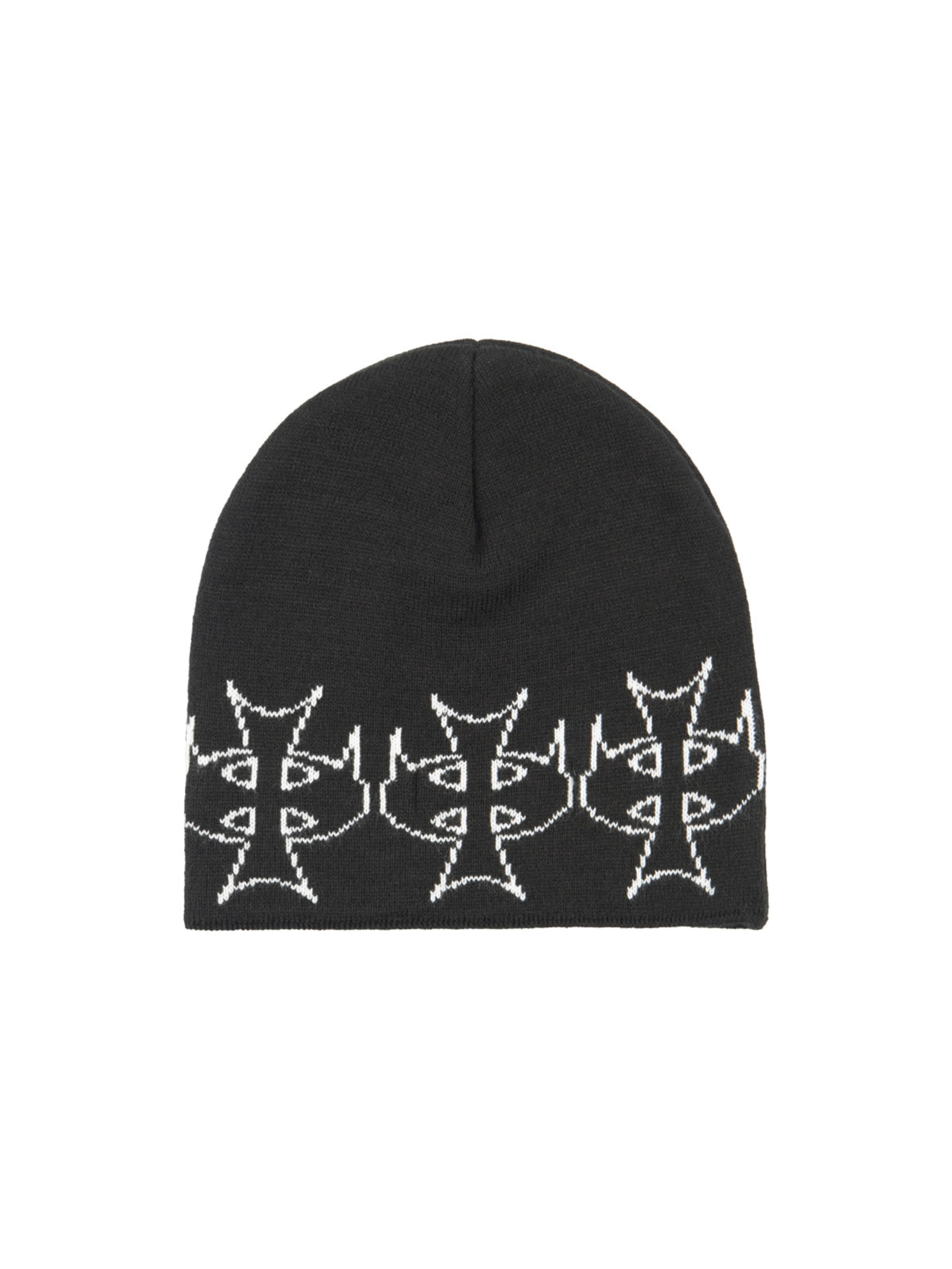 Black beanie with white iron cross jacquard knit