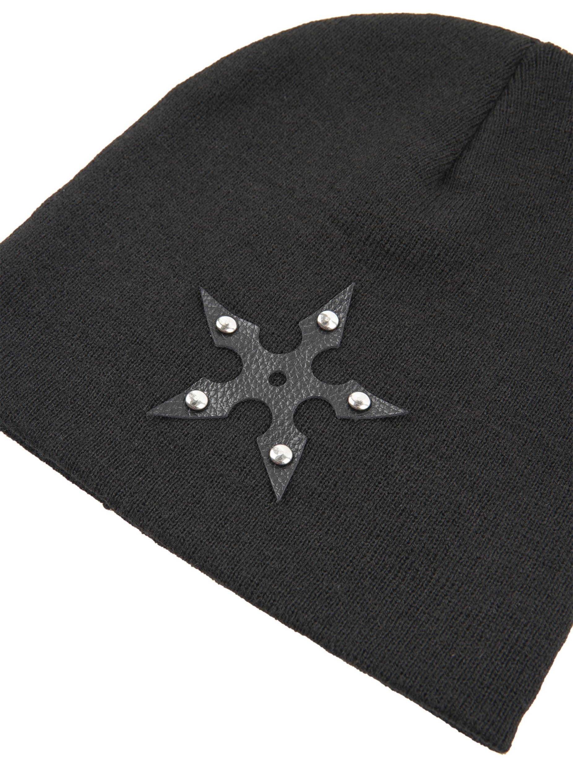 close-up of a wool black beanie with leather star patch