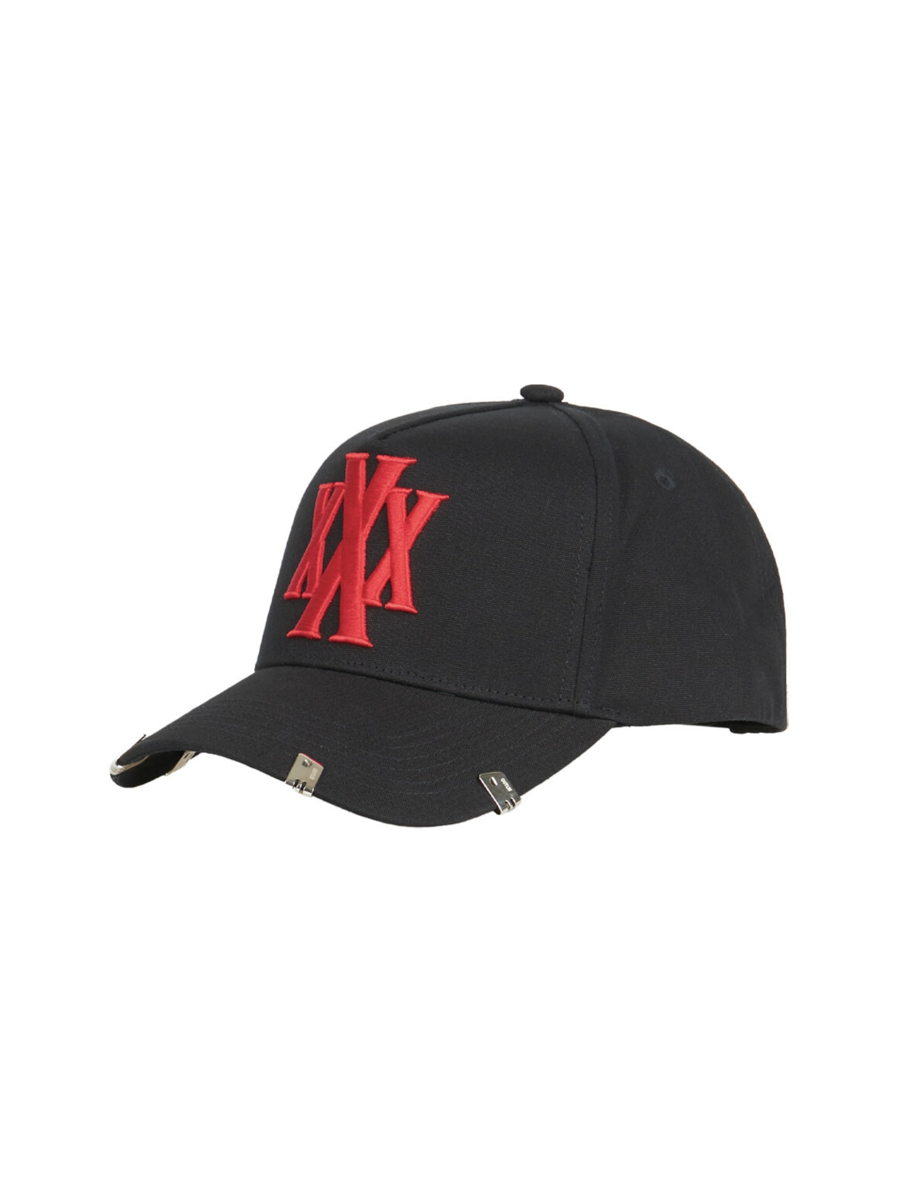 Black and red trucker hat with XXX embroidery and silver clips