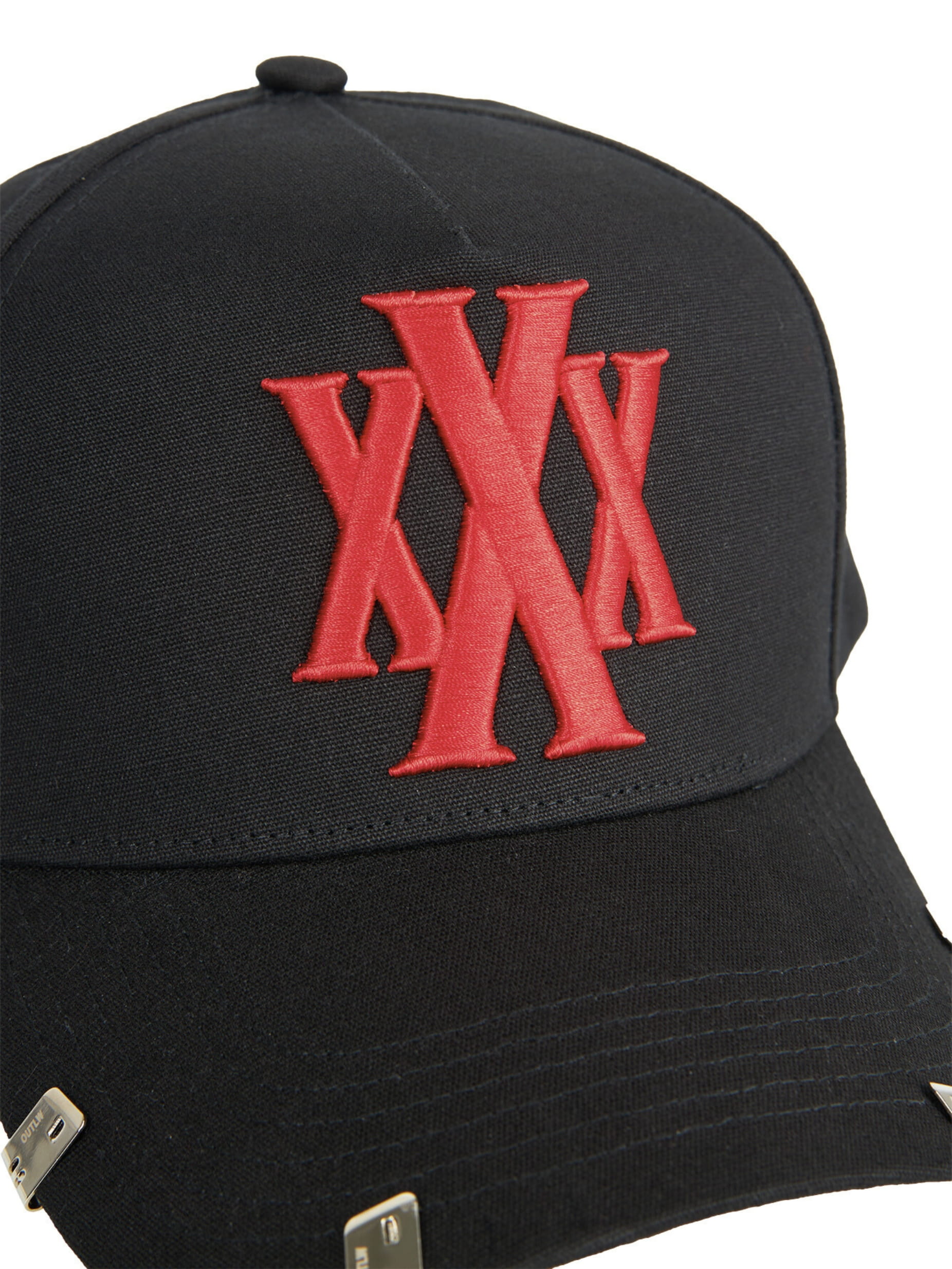 Black and red trucker hat with "XXX" embroidery and silver lighter clips