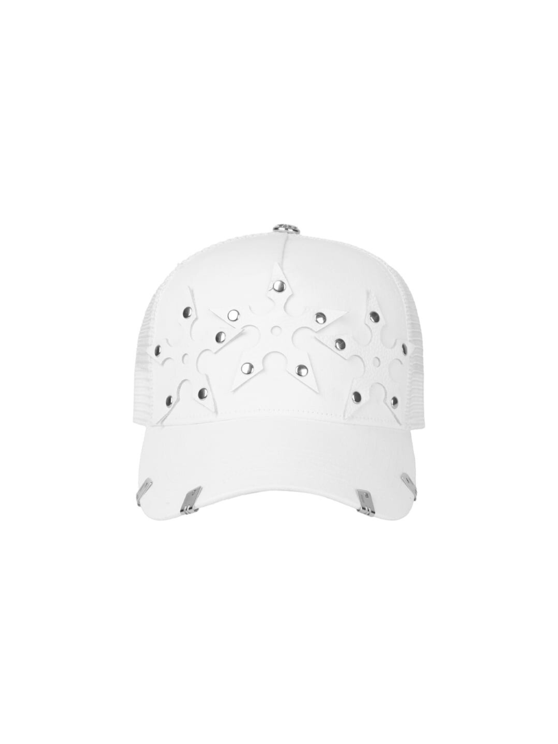 white trucker hat with leather shuriken patches and silver clips