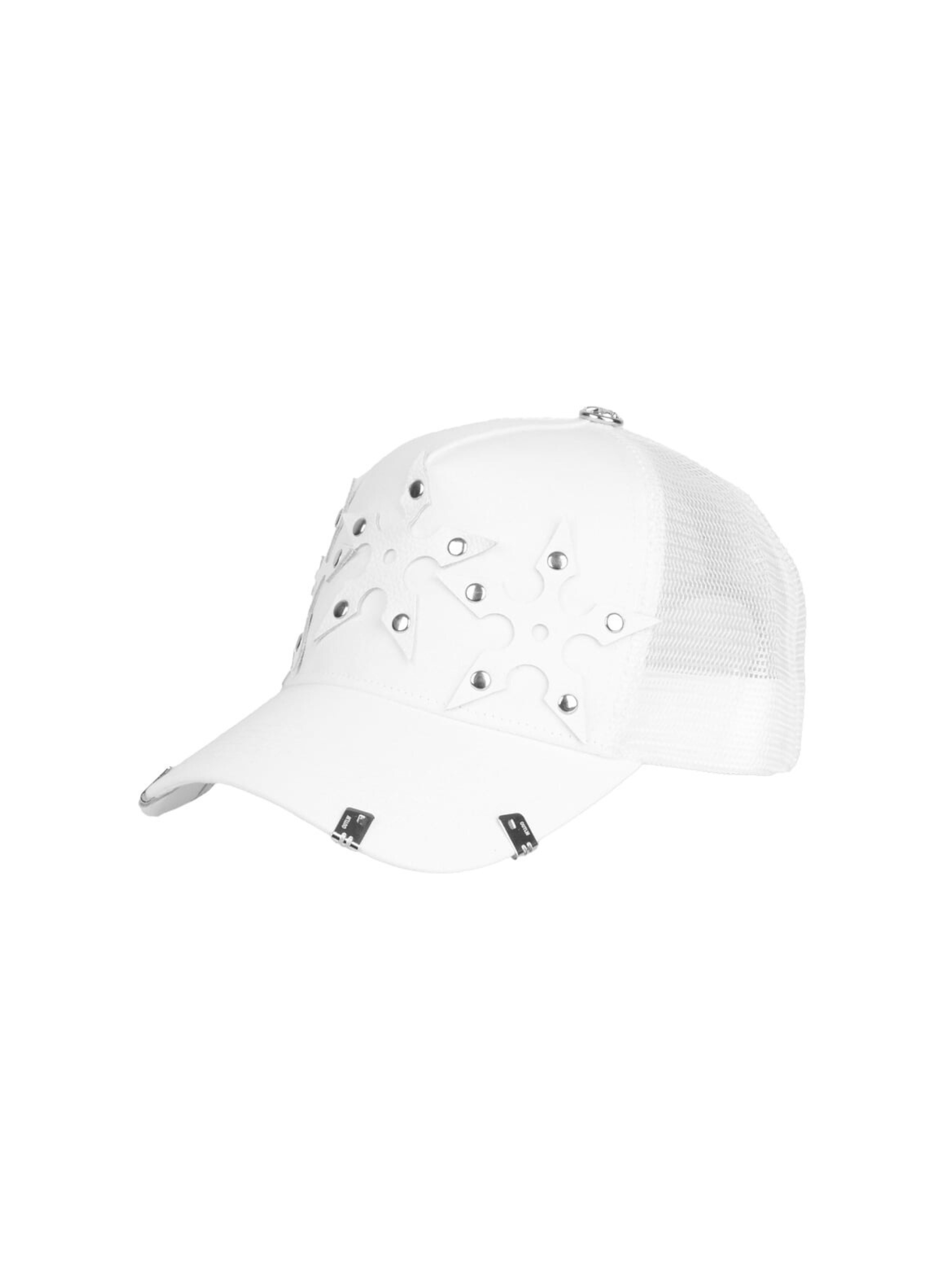 white trucker hat with leather shuriken patches and silver clips
