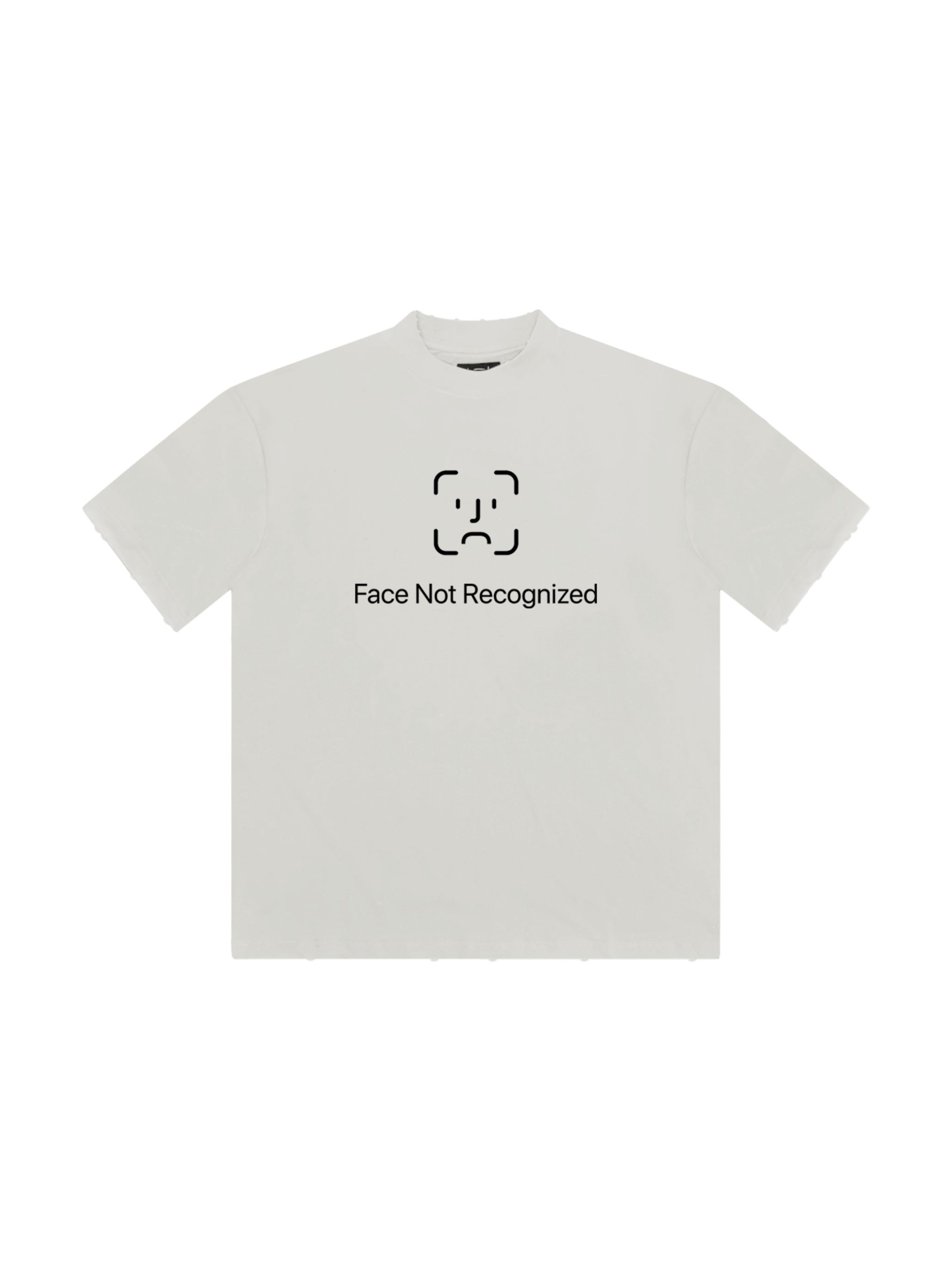 White relaxed fit t shirt with FACE ID Graphic and "face not recognized" text